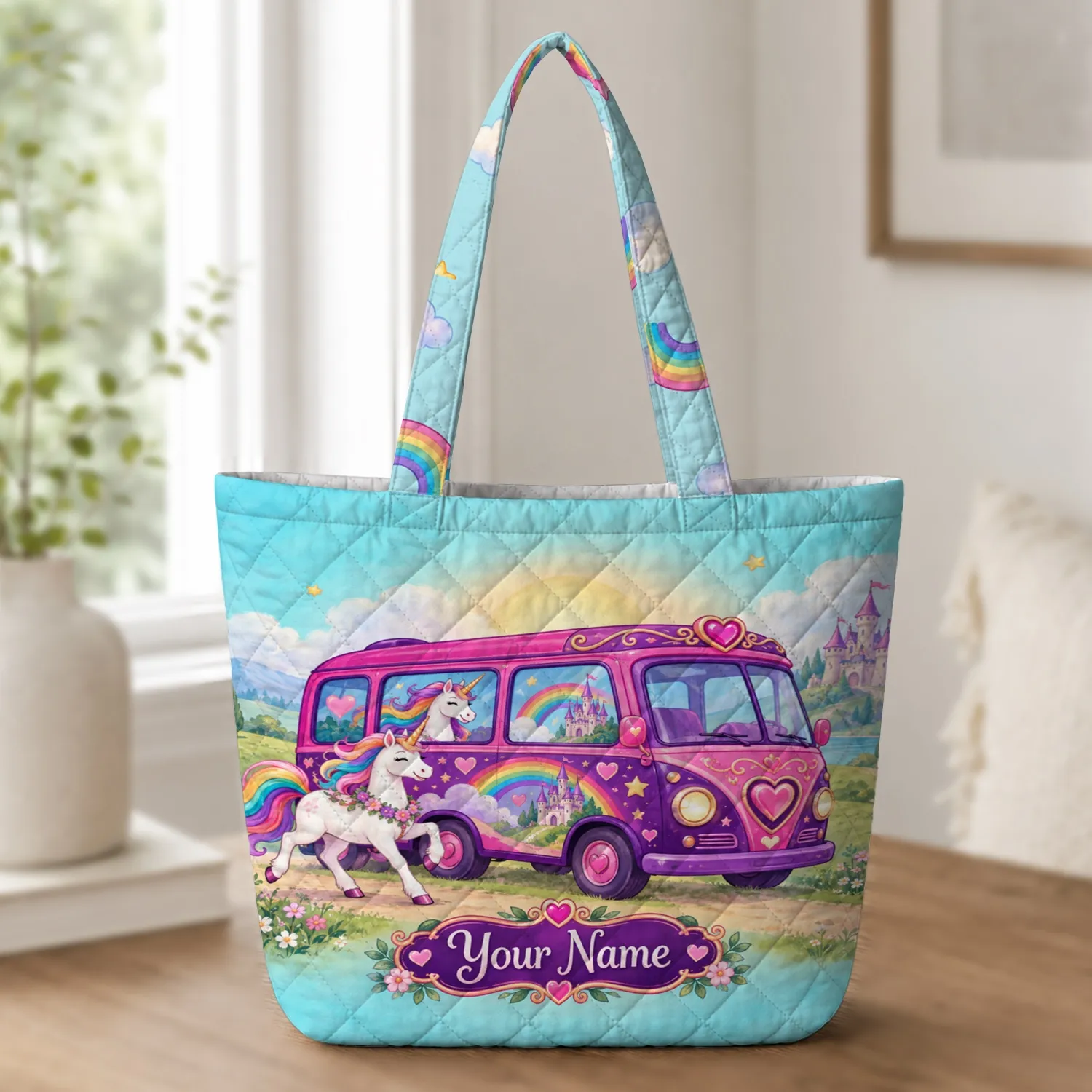 Magical Unicorn Bus Rainbow Castle Birthday Travel Keepsake for Girls Quilted Tote Bag - 1
