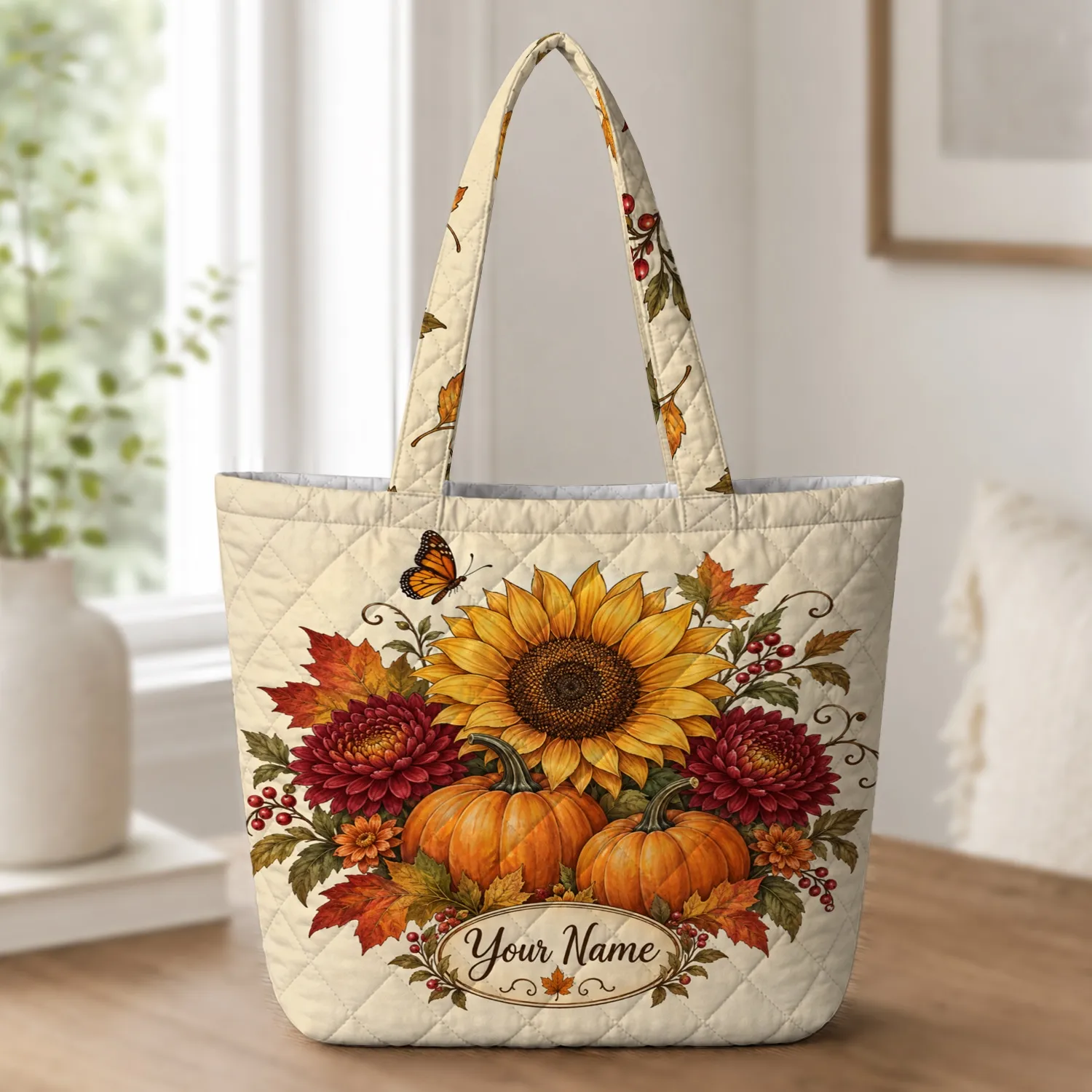 Autumn Sunflower And Pumpkin Harvest Keepsake For Warm Thanksgiving Family Gatherings Quilted Tote Bag - 1