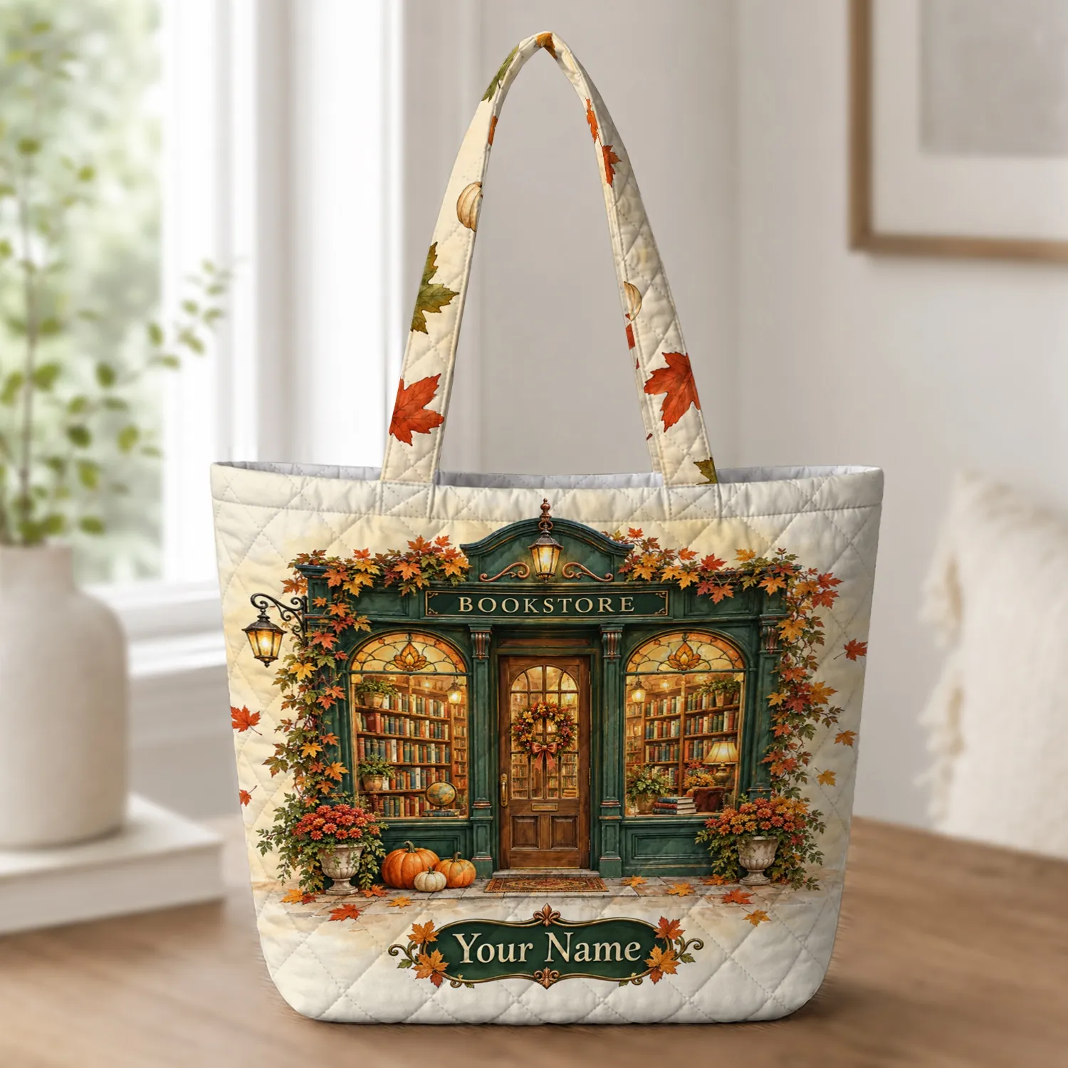 Autumn Bookshop Windows, Leaves And Pumpkins For Cozy Reading Season Gift For Librarians Quilted Tote Bag - 1