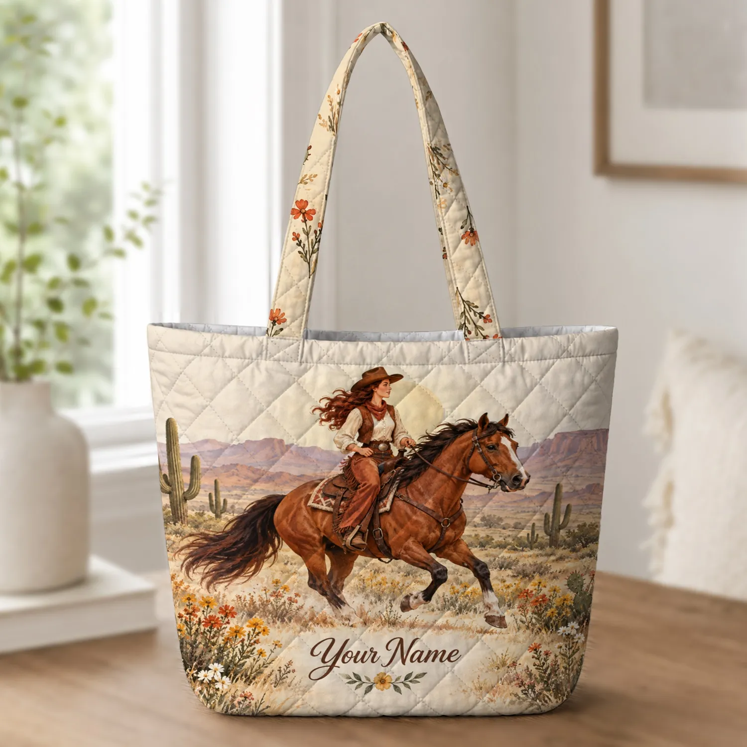 Cowgirl Horseback Ride with Desert Wildflowers for Country Riding Lovers Quilted Tote Bag - 1