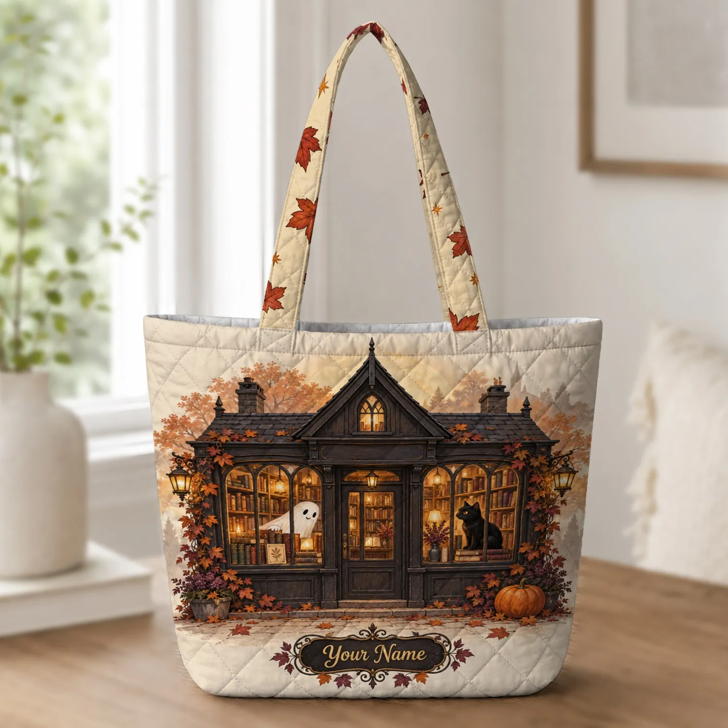 Haunted Bookshop with Ghosts and Pumpkins for Cozy Halloween Reading Enthusiasts Quilted Tote Bag - 1