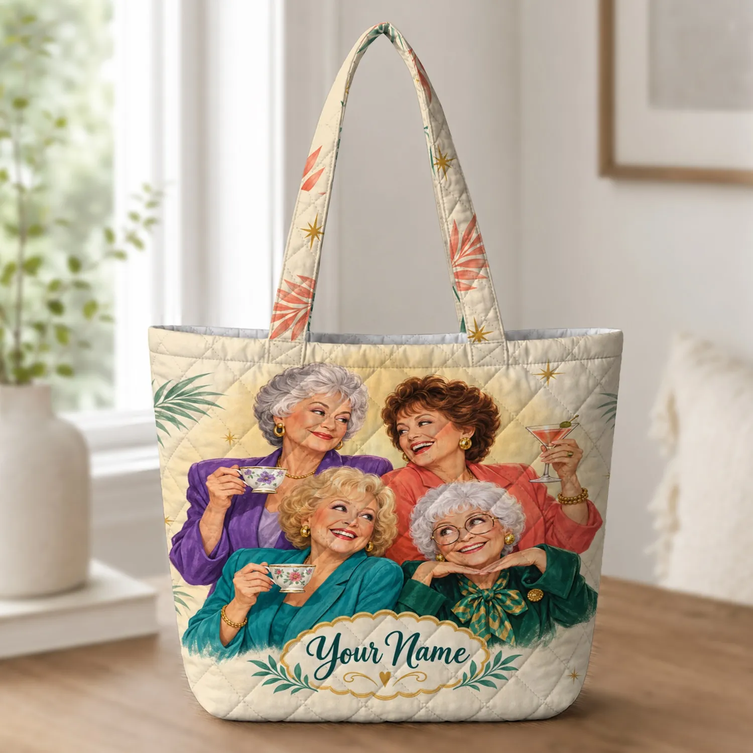 Four Vintage Best Friends Sharing Tea and Cheer for Cozy Everyday Outings Quilted Tote Bag - 1