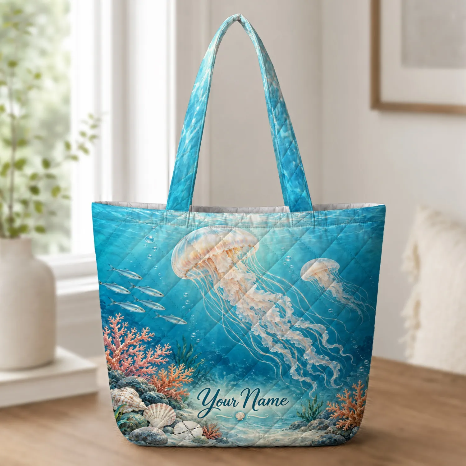 Glowing Jellyfish And Coral Ocean Scene For Coastal Escapes And Ocean Life Lovers Gift Quilted Tote Bag - 1