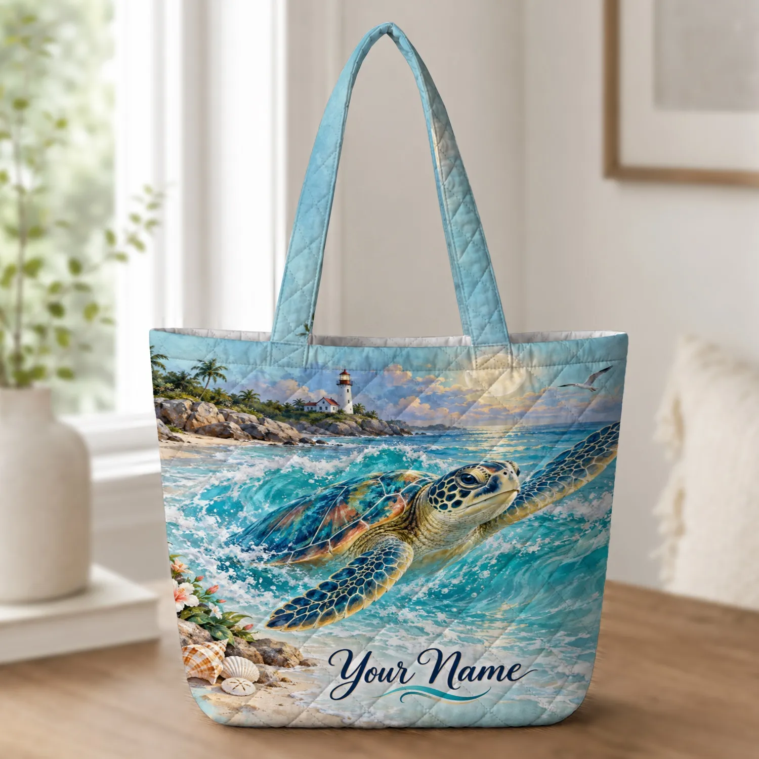 Sea Turtle Moonlit Shore And Lighthouse Scene For Beach Days And Coastal Ocean Lovers Quilted Tote Bag - 1