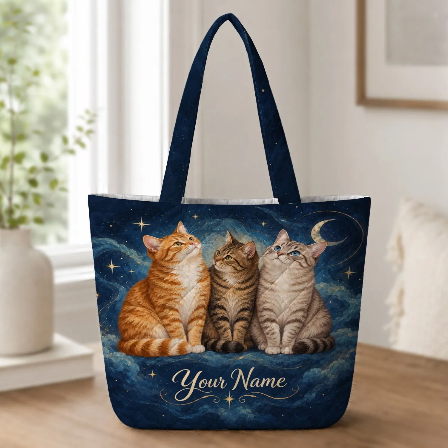 Three Starry Night Cats for Cozy Laundry Days and Cat Lover Gifts for Feline Friends Quilted Tote Bag - 1