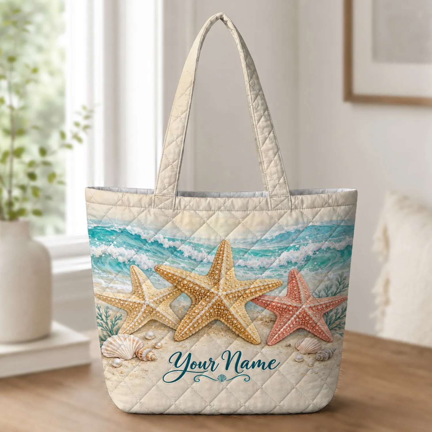 Coastal Starfish and Turquoise Waves for Summer Beach Days by the Shore Quilted Tote Bag - 1
