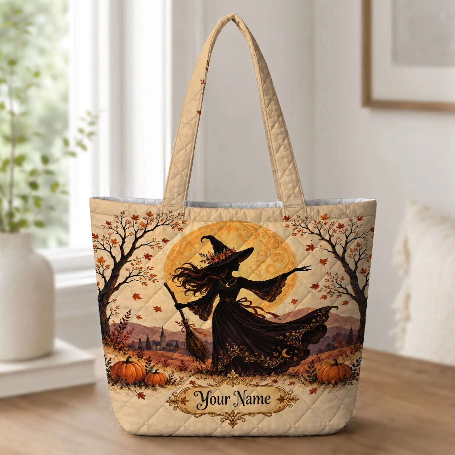 Witch Beneath a Harvest Moon for Spooky Autumn Halloween Gifting Quilted Tote Bag - 1