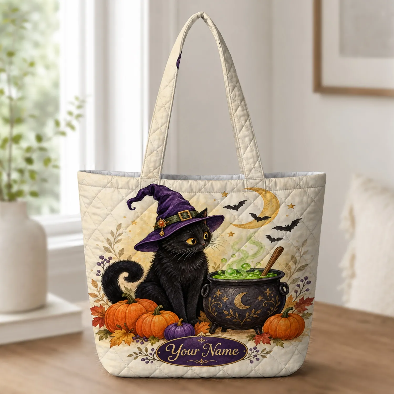Witch Hat Black Cat and Bubbling Cauldron for Cozy Halloween Nights and Cat Lovers Quilted Tote Bag - 1