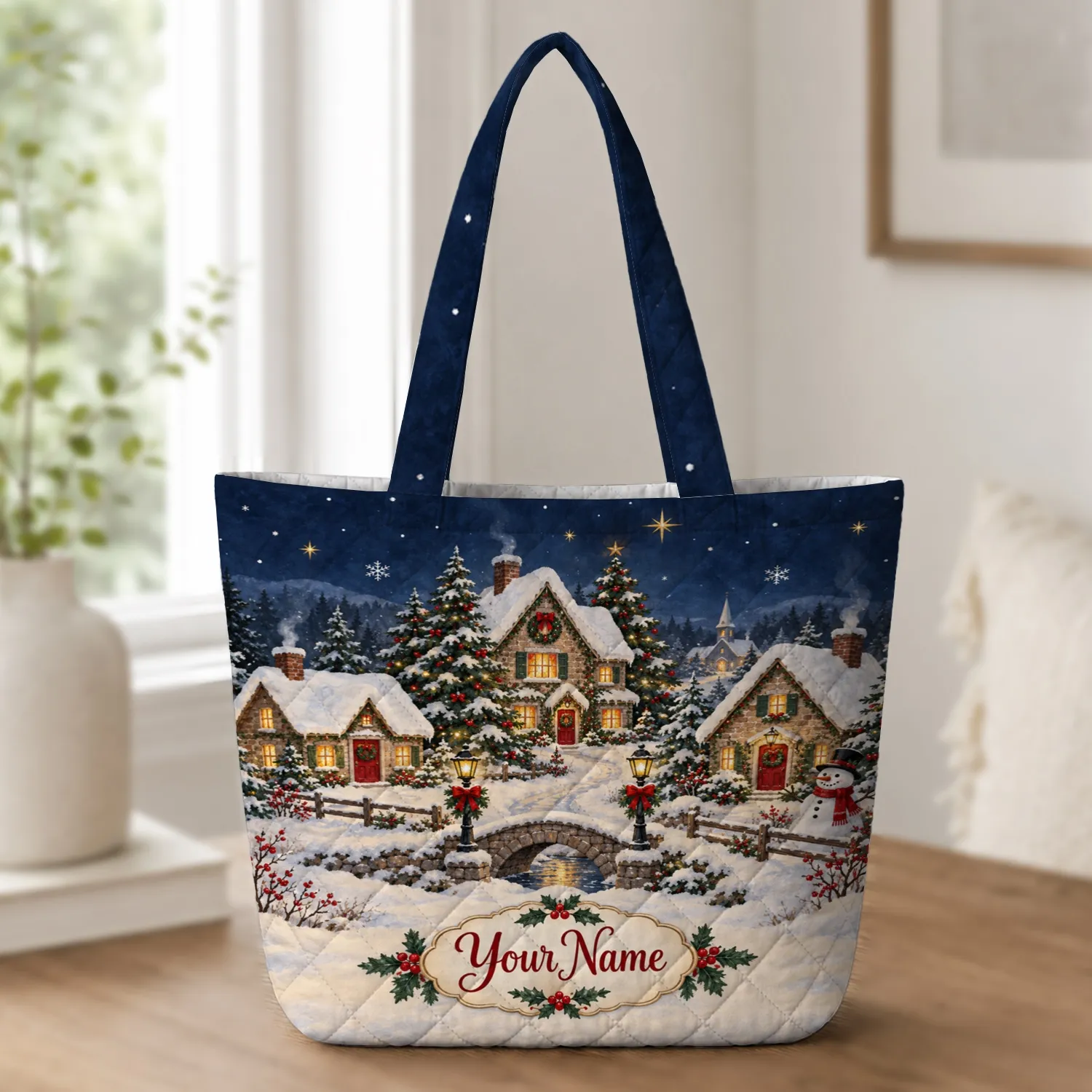 Christmas Winter Village With Snowman for Cozy Holiday Gifting and Seasonal Errands Quilted Tote Bag - 1