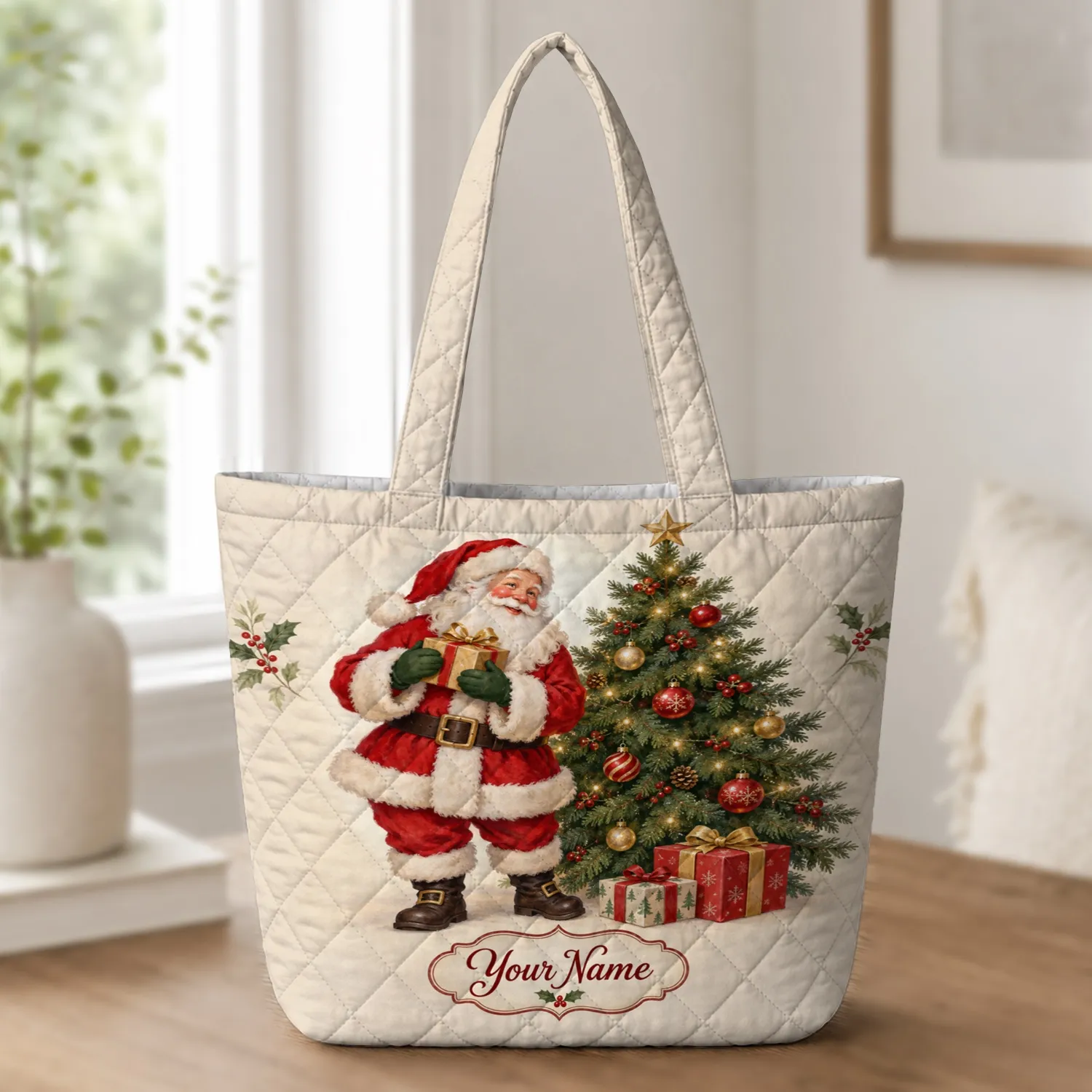 Santa And Christmas Tree With Gifts For Holiday Giving And Winter Celebrations Quilted Tote Bag - 1