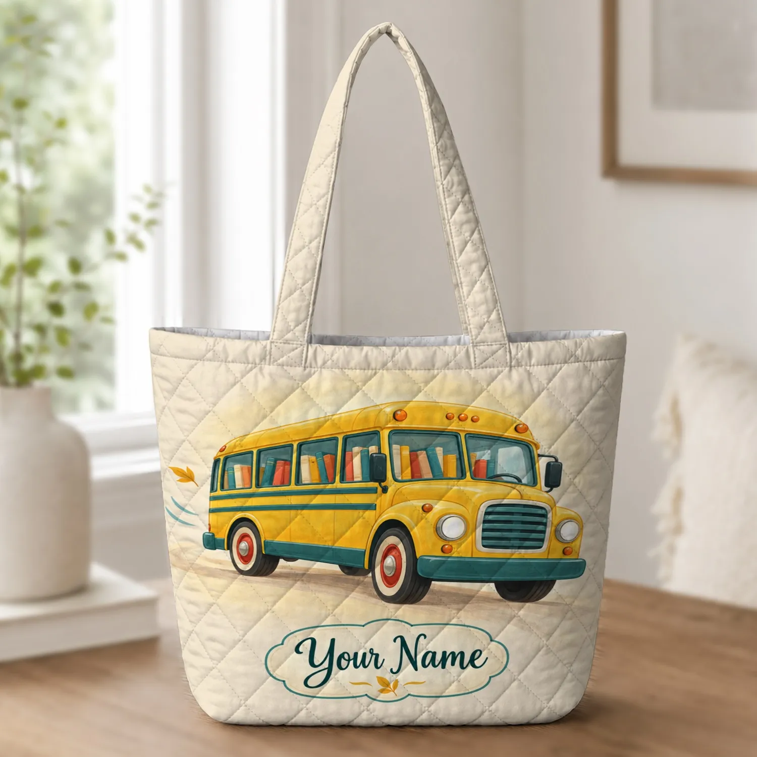 Yellow School Bus With Book Windows for Cheerful Back-to-School Days Quilted Tote Bag - 1
