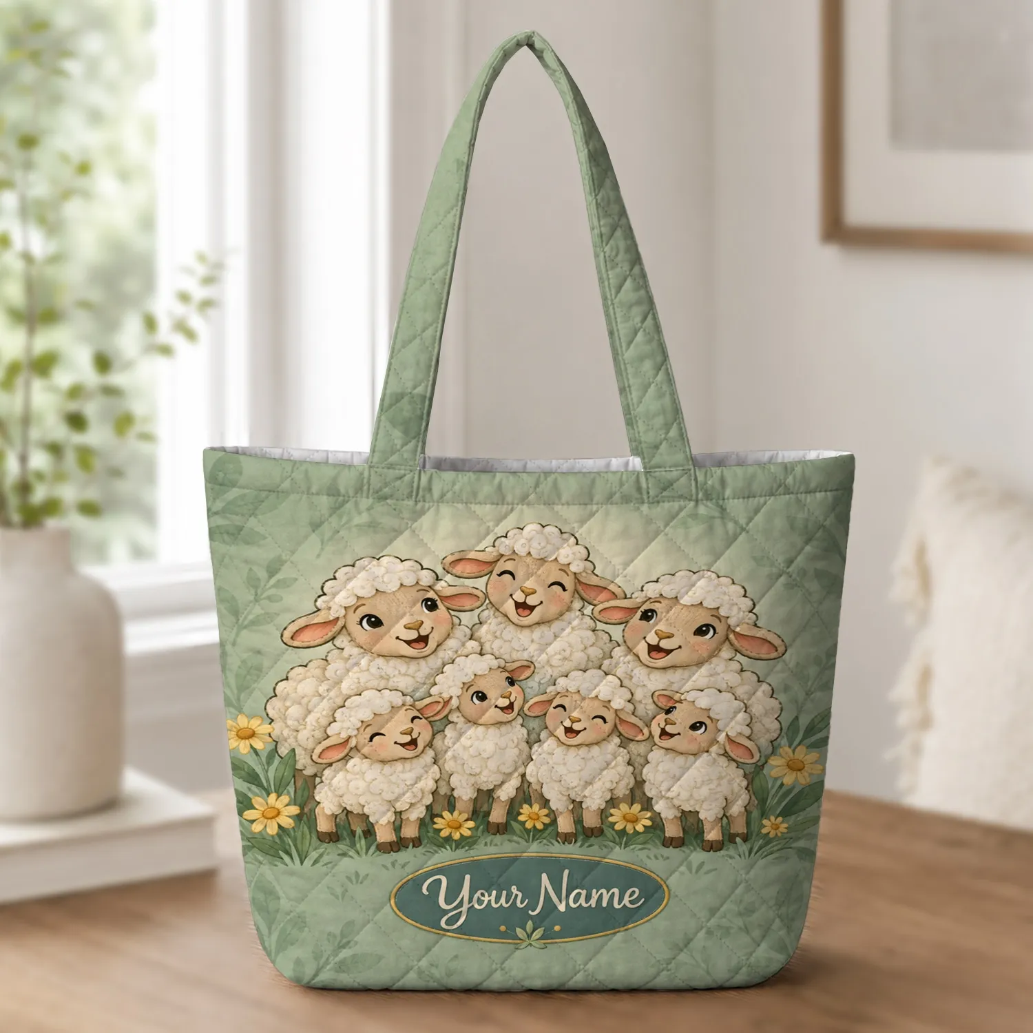 Happy Sheep Family Meadow Scene for Everyday Outings and Farm Loving Friends Quilted Tote Bag - 1