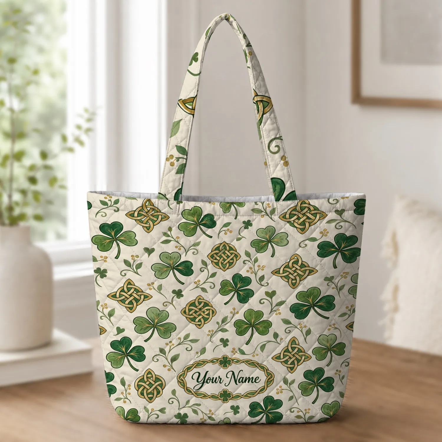 Celtic Shamrock and Knot Motifs for St Patrick's Day and Irish Heritage Celebrations Quilted Tote Bag - 1