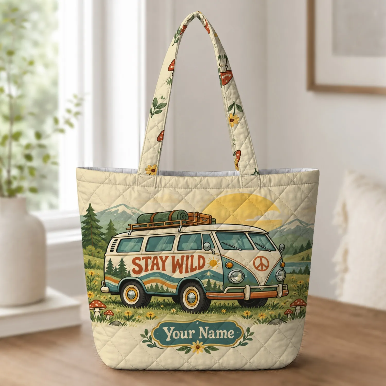 Retro Camper Van Mushroom Meadow for Weekend Camping Adventure and Travel Gifts for Her Quilted Tote Bag - 1