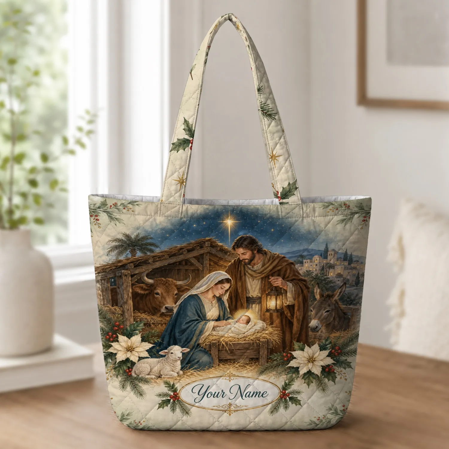 Nativity Scene With Mary, Joseph and Baby Jesus for a Christian Christmas Gift Quilted Tote Bag - 1