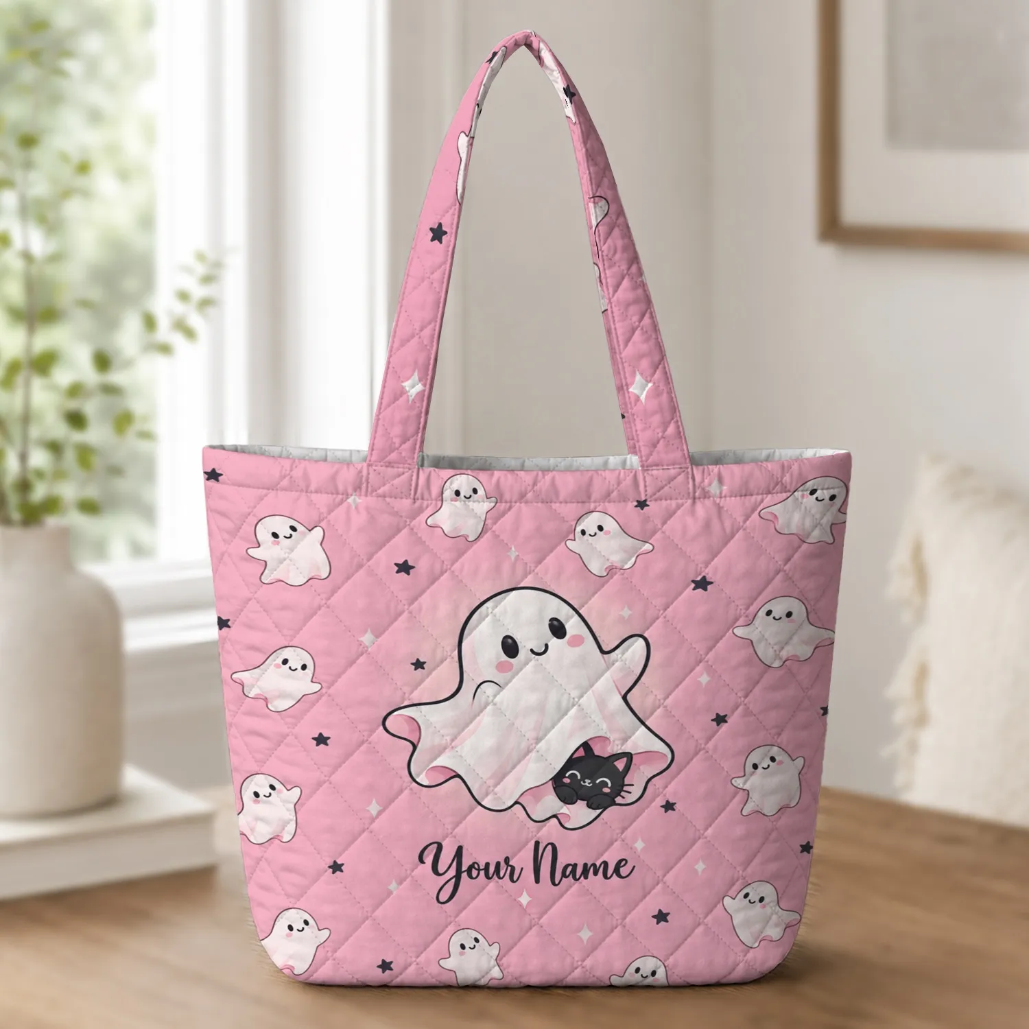 Kawaii Cat Ghosts with Pink Halloween Charm for Spooky Season Gift Giving Quilted Tote Bag - 1