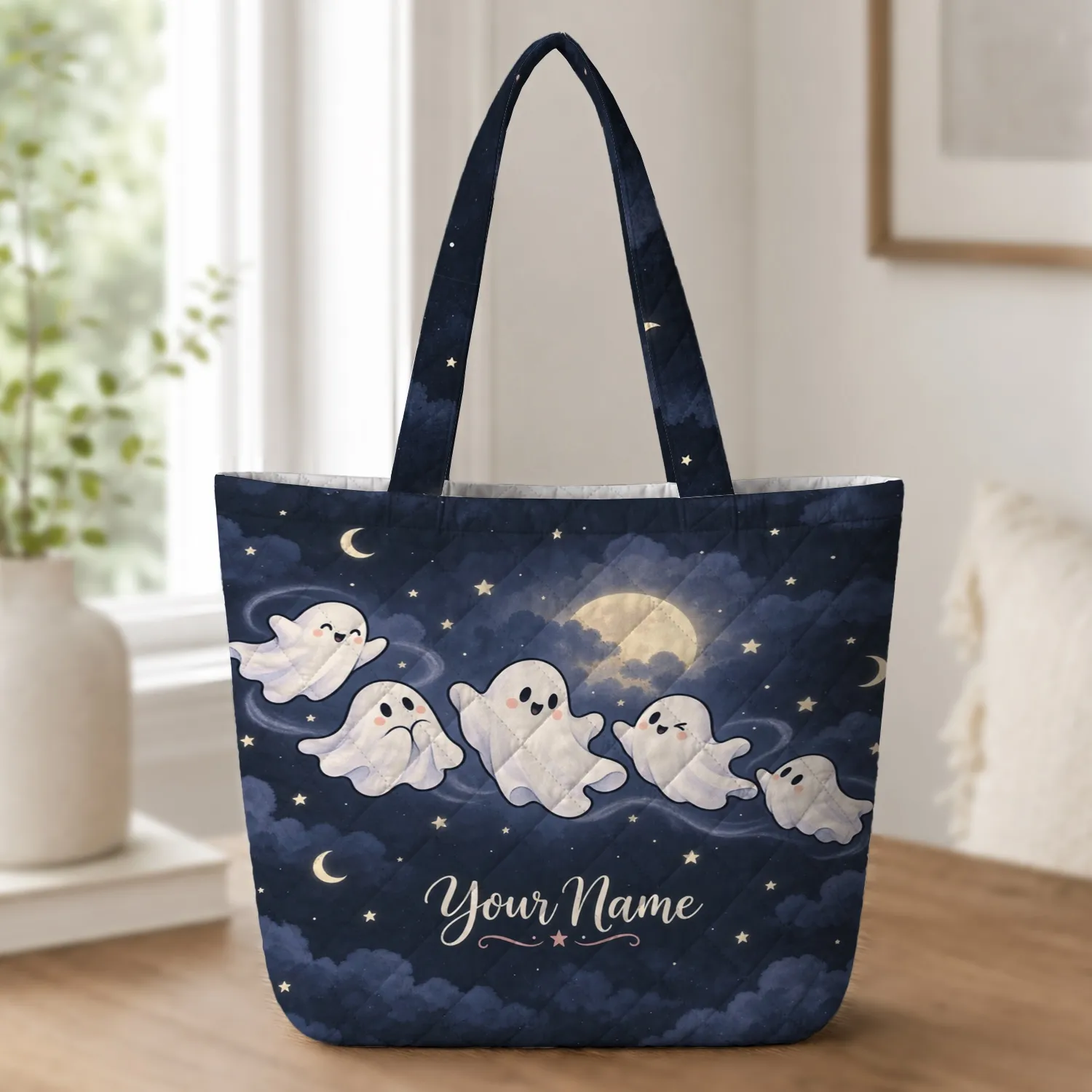 Celestial Ghosts Under a Starry Moon for Halloween Night Out and Everyday Spooky Style Quilted Tote Bag - 1