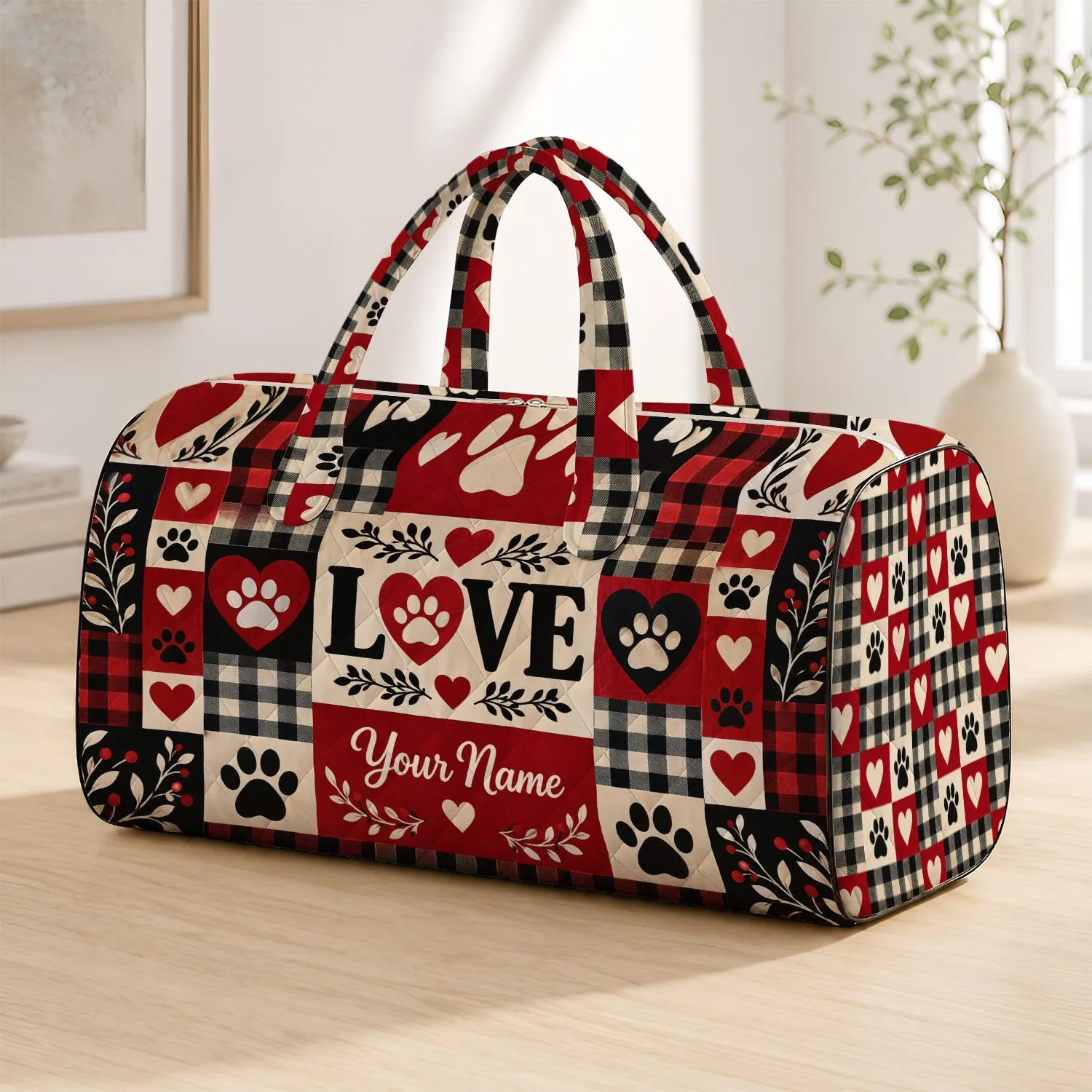 Red Plaid Hearts and Paw Prints for Dog Lovers on Cozy Weekend Getaways and Travel Quilted Weekend Bag - 1