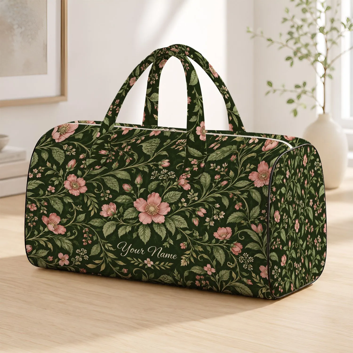 Pink Wildflower Vines on Deep Olive for Garden Getaways and Relaxed Vacation Style Quilted Weekend Bag - 1