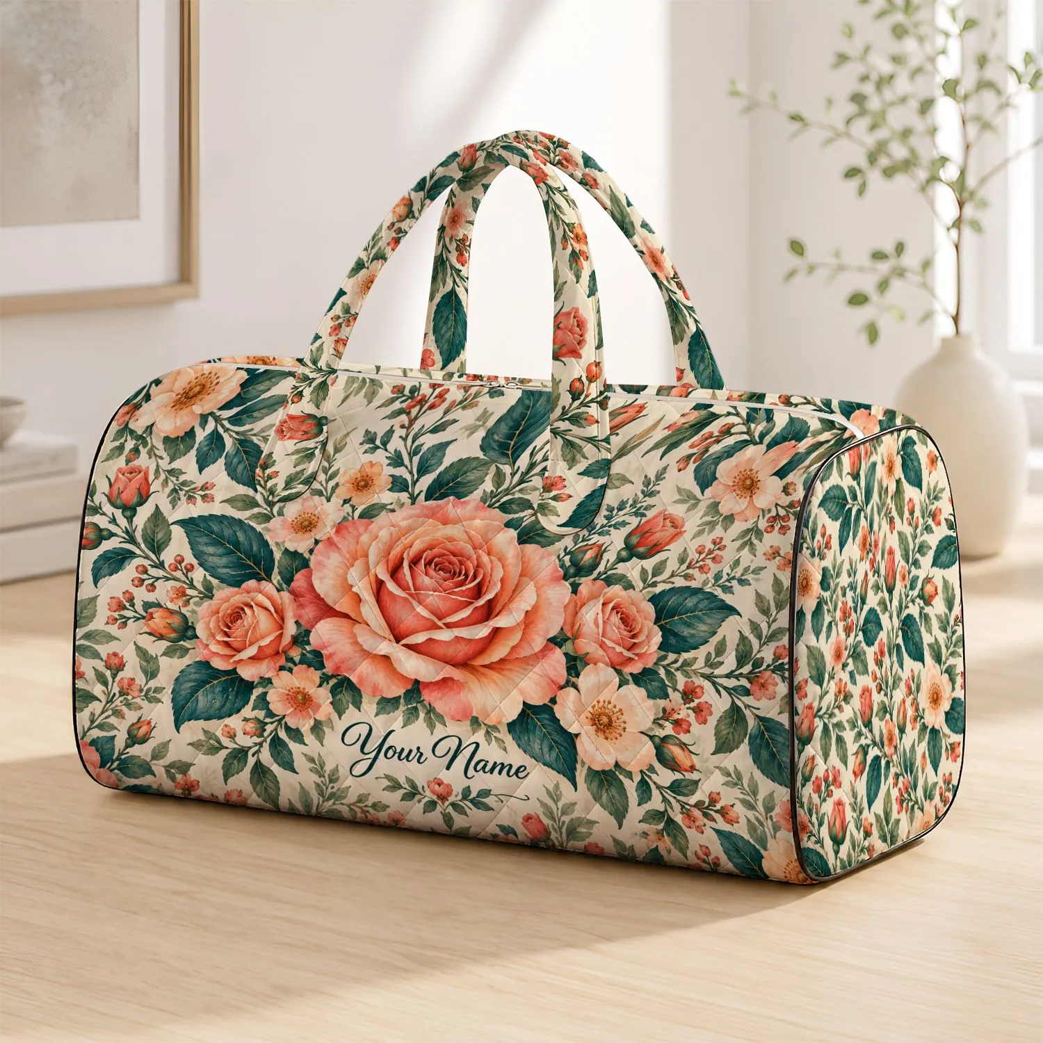 Peach Rose and Teal Botanical Florals for Sunny Beach Days and Relaxed Weekend Getaways Quilted Weekend Bag - 1
