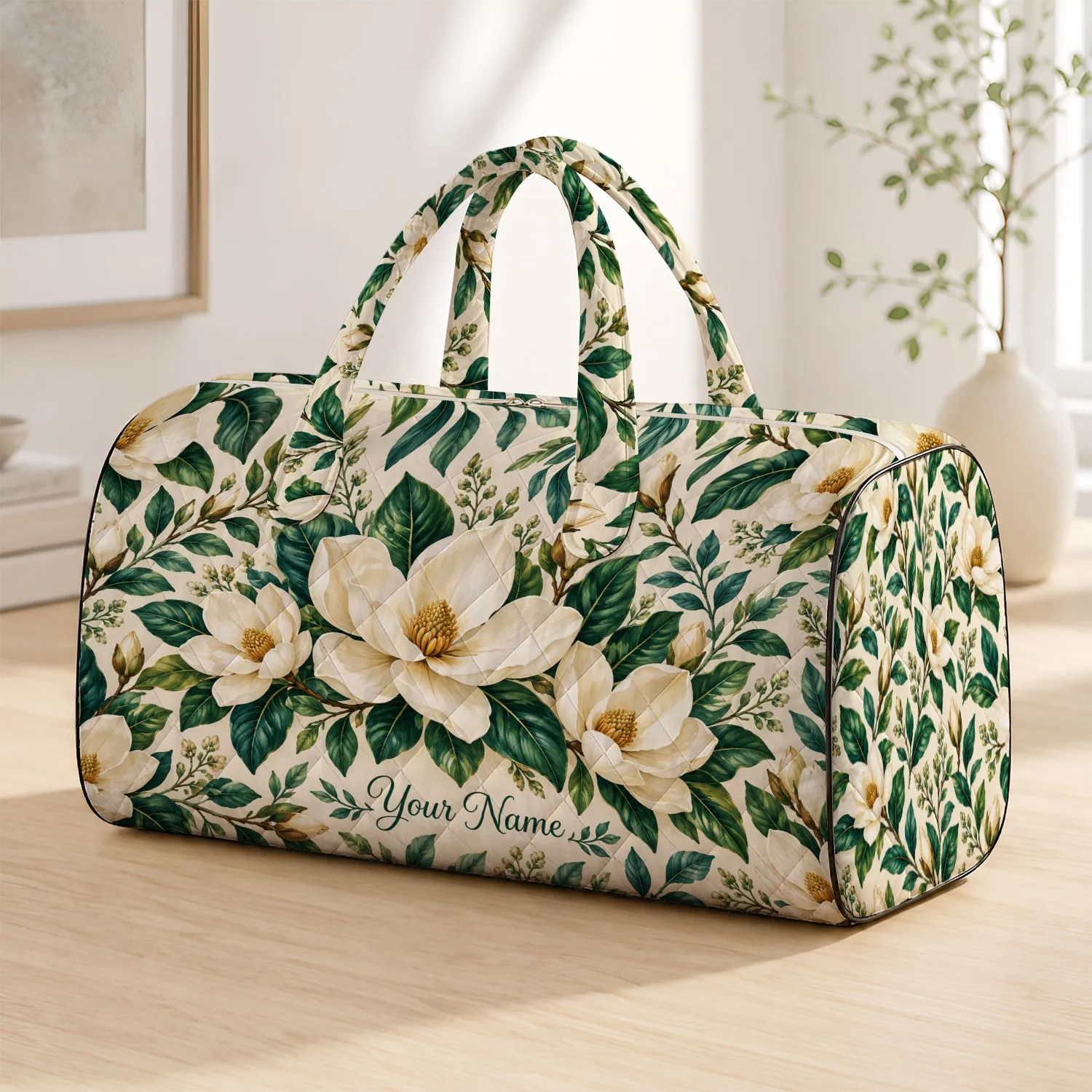 Ivory Magnolia and Lush Green Leaves for Coastal Getaways and Relaxed Summer Escapes Quilted Weekend Bag - 1