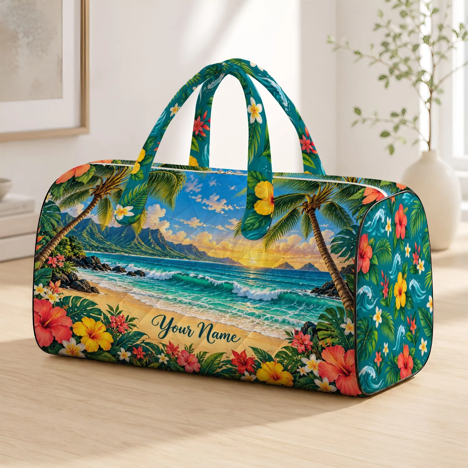 Tropical Palm Beach Coastline Floral Scene for Sunny Getaways and Resort Escapes Quilted Weekend Bag - 1