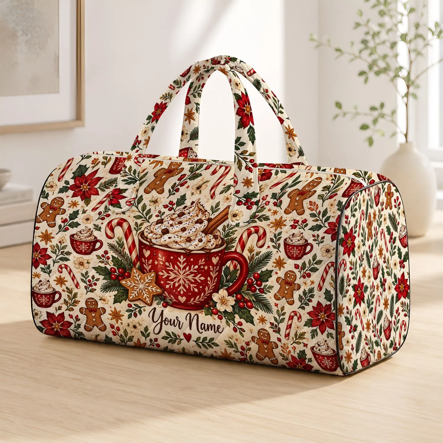 Cocoa Mugs and Peppermint Florals for Cozy Holiday Getaways and Resort Escapes Quilted Weekend Bag - 1