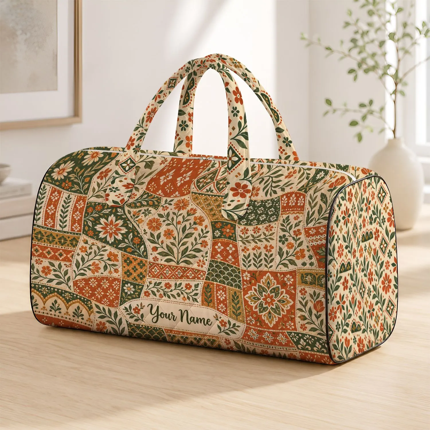 Bohemian Terracotta Sage Patchwork Motifs for Beachside Getaways and Summer Travel Quilted Weekend Bag - 1