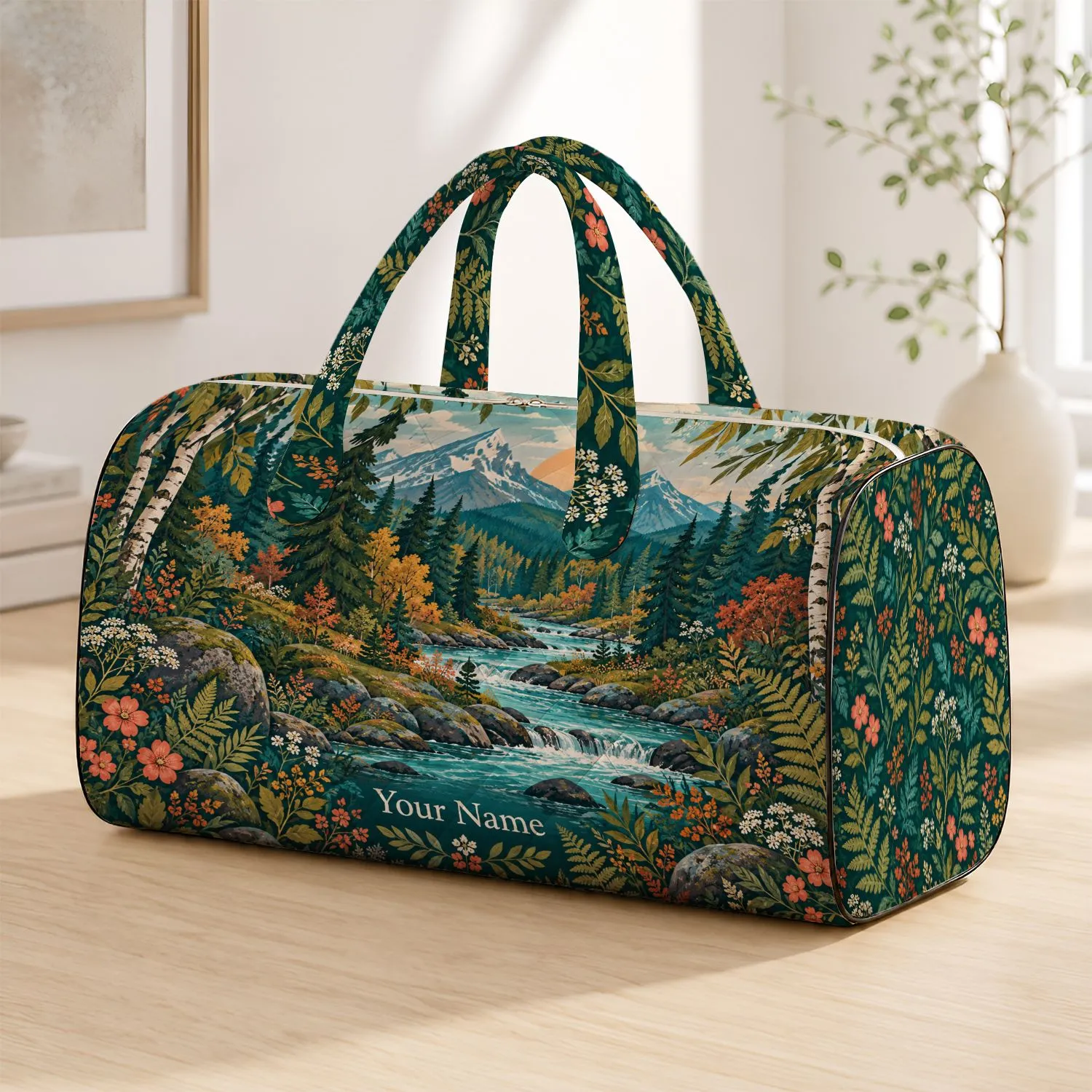 Woodland River and Colorful Trees for Beach Trips, Camping and Weekend Getaways Quilted Weekend Bag - 1