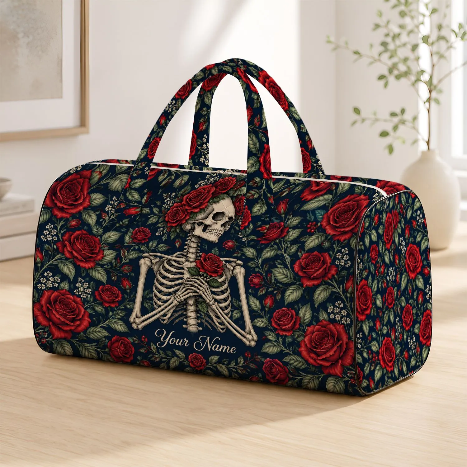 Ivory Skeleton and Crimson Roses for Halloween Getaways and Autumn Weekend Adventures Quilted Weekend Bag - 1