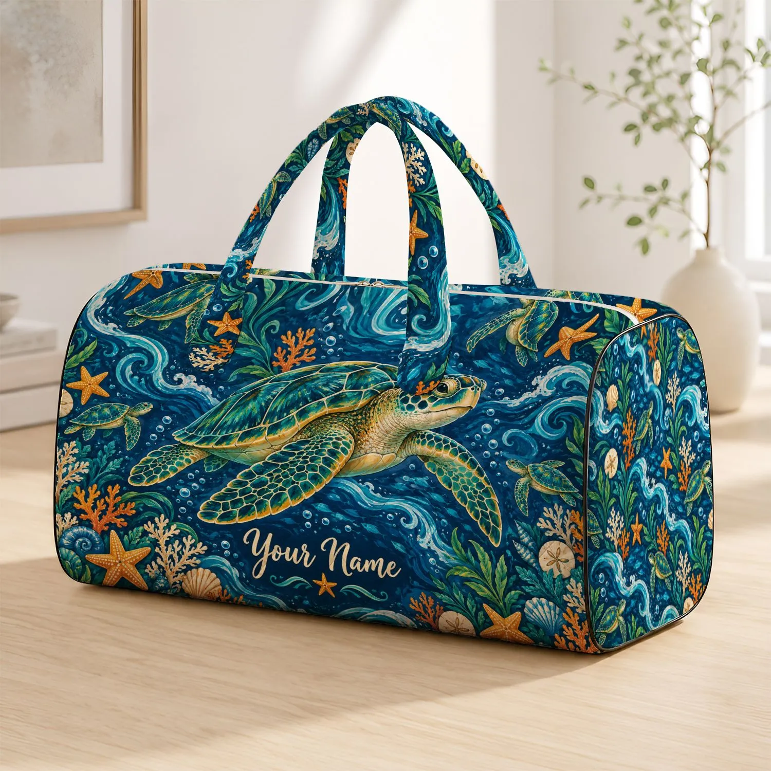 Teal Sea Turtle Coastal Art for Beach Trips and Tropical Getaways Quilted Weekend Bag - 1