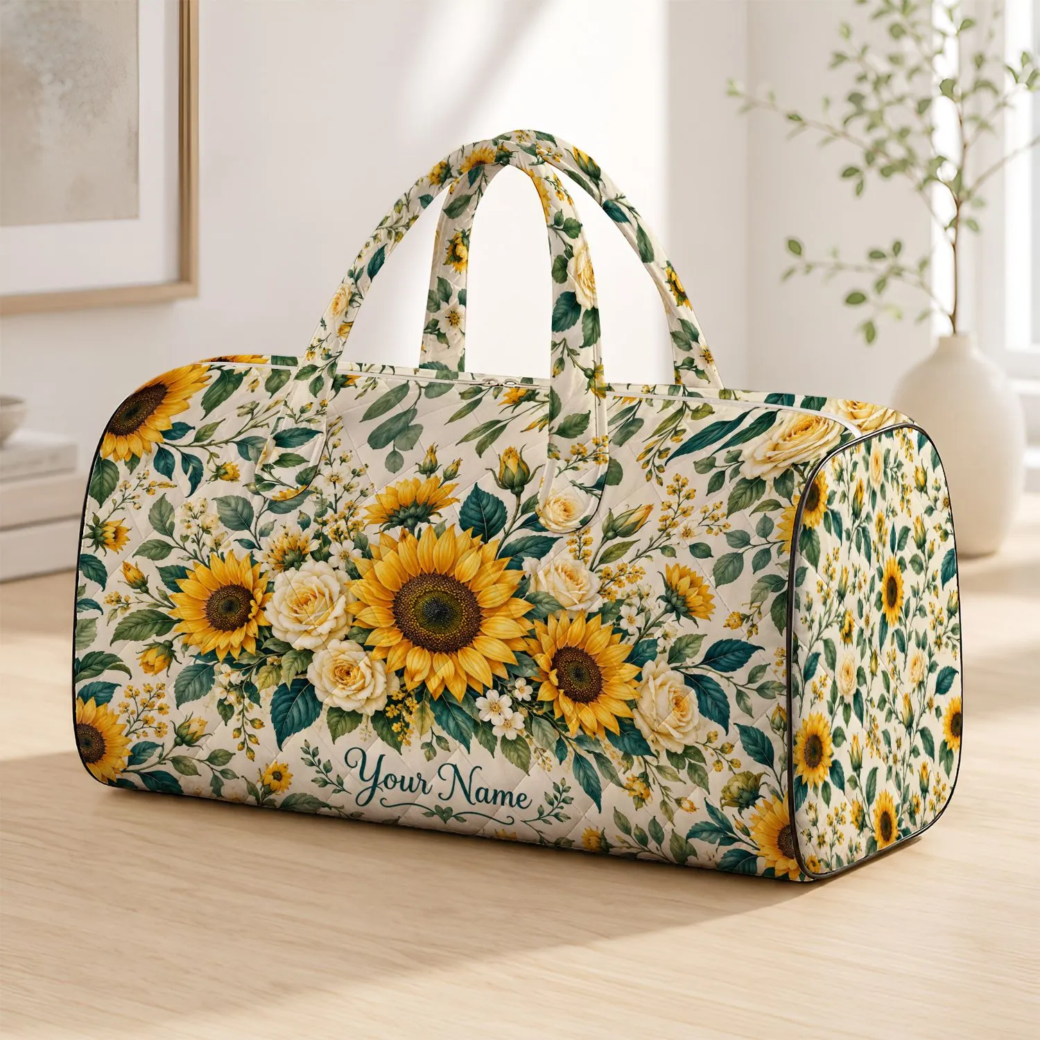 Sunflowers and Cream Roses for Beach Getaways, Summer Holidays and Bohemian Travel Style Quilted Weekend Bag - 1