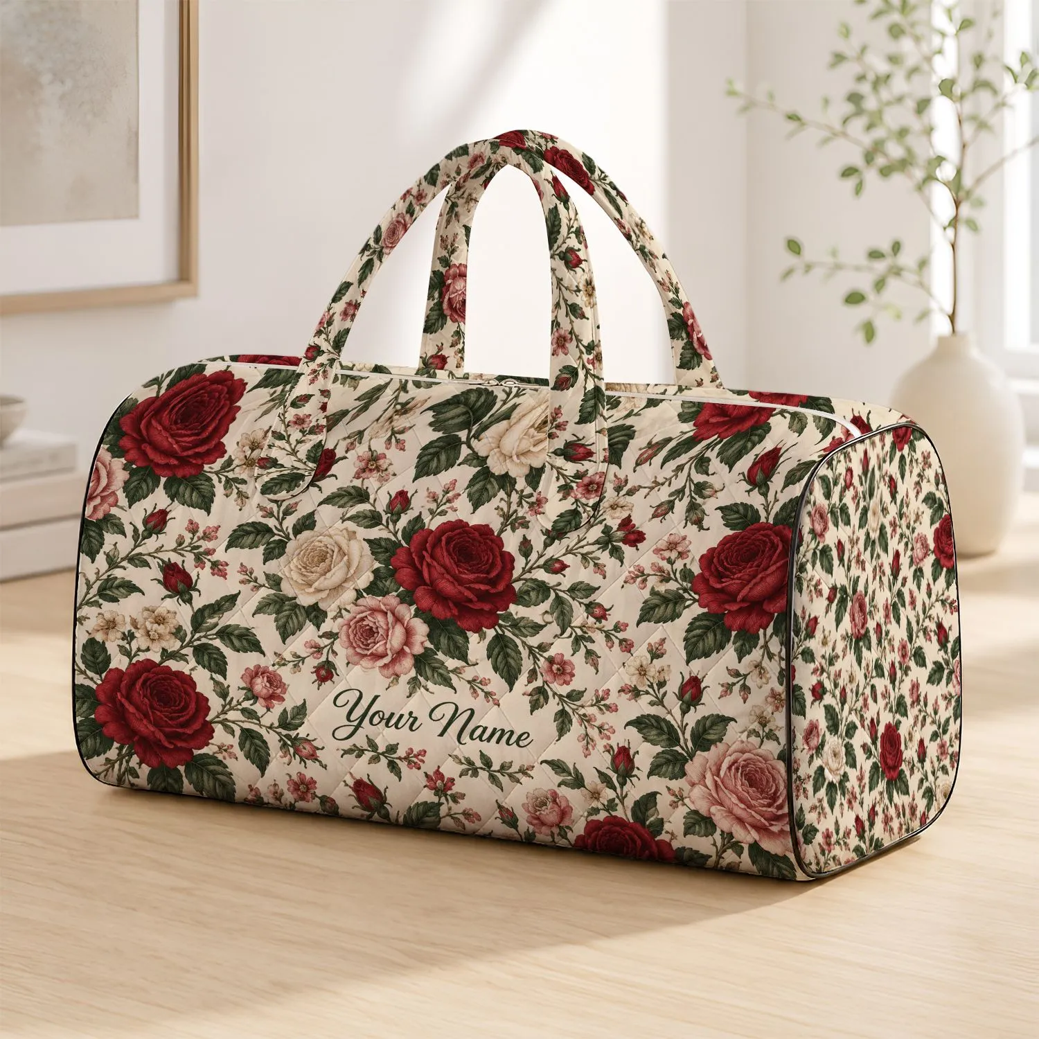 Vintage Red Rose Florals for Romantic Getaways and Everyday Travel, Women and Men Quilted Weekend Bag - 1