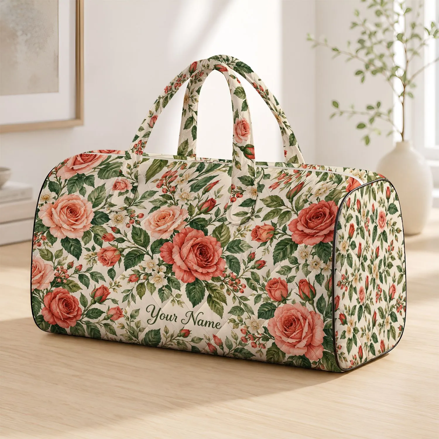 Coral Rose and Sage Botanical Flowers for Beach Getaways and Relaxed Weekend Travel Quilted Weekend Bag - 1