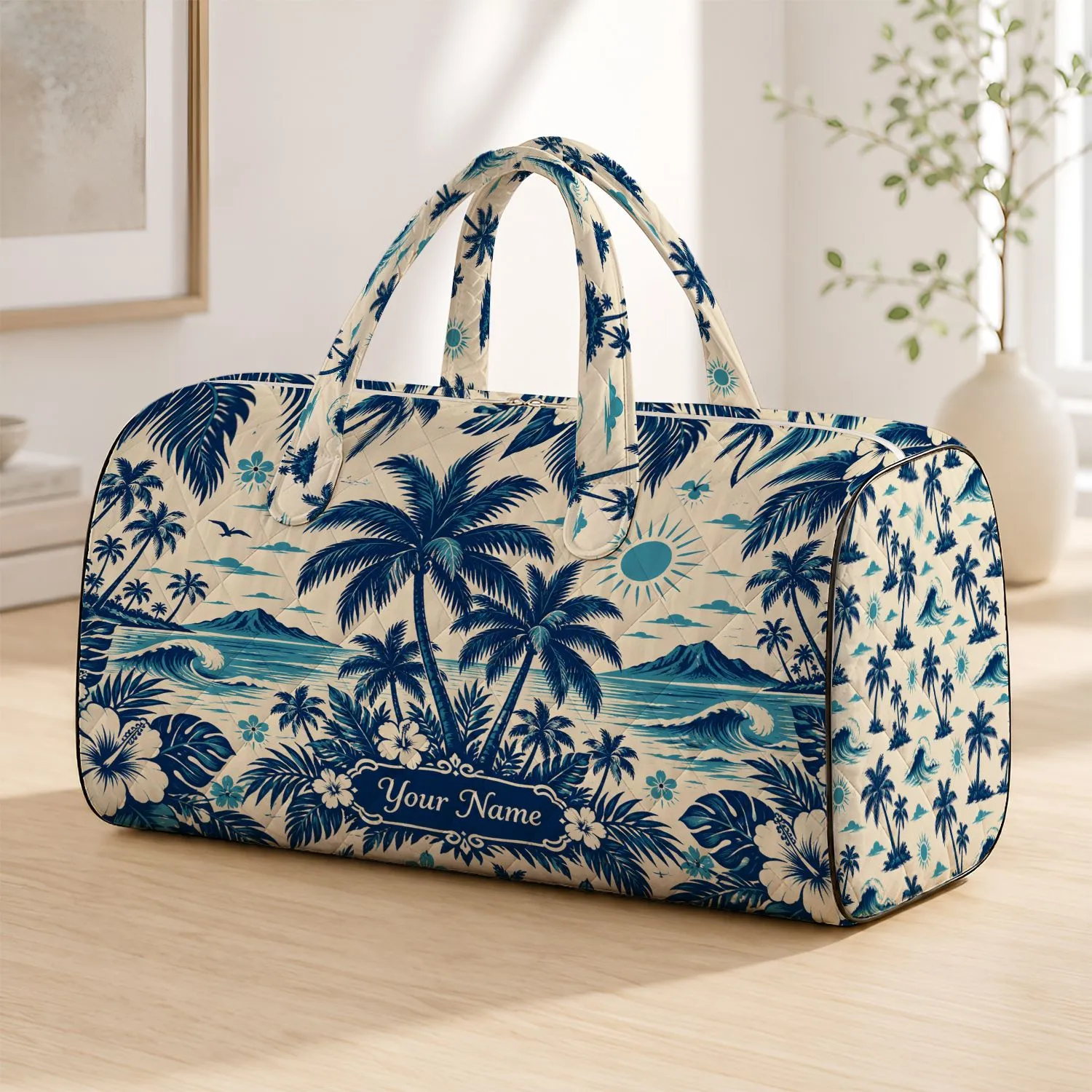 Navy Palm Tree Tropical Beach Art for Coastal Getaways and Summer Holidays Quilted Weekend Bag - 1