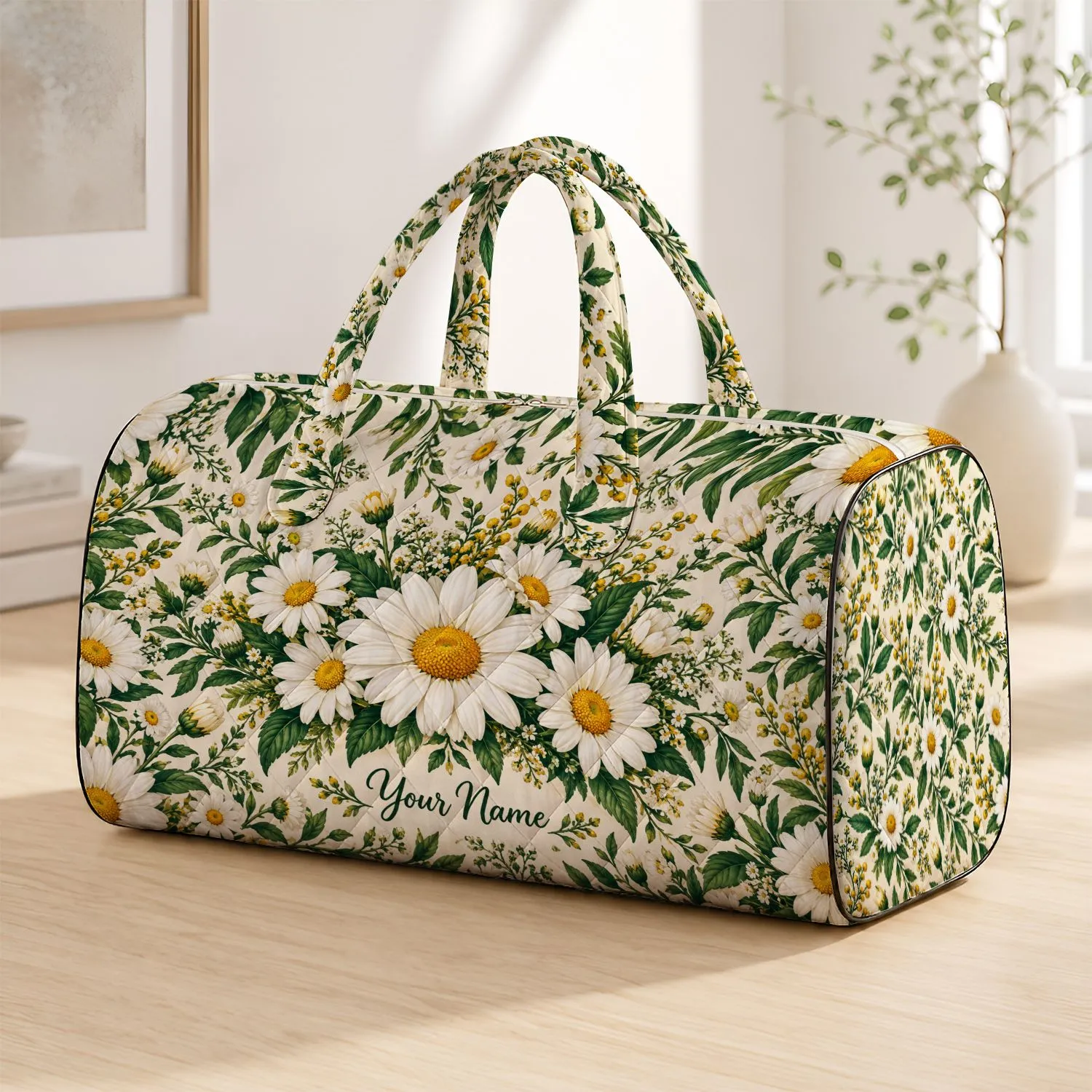 Ivory Daisy And Green Foliage For Relaxed Coastal Getaways And Weekend Travel Quilted Weekend Bag - 1