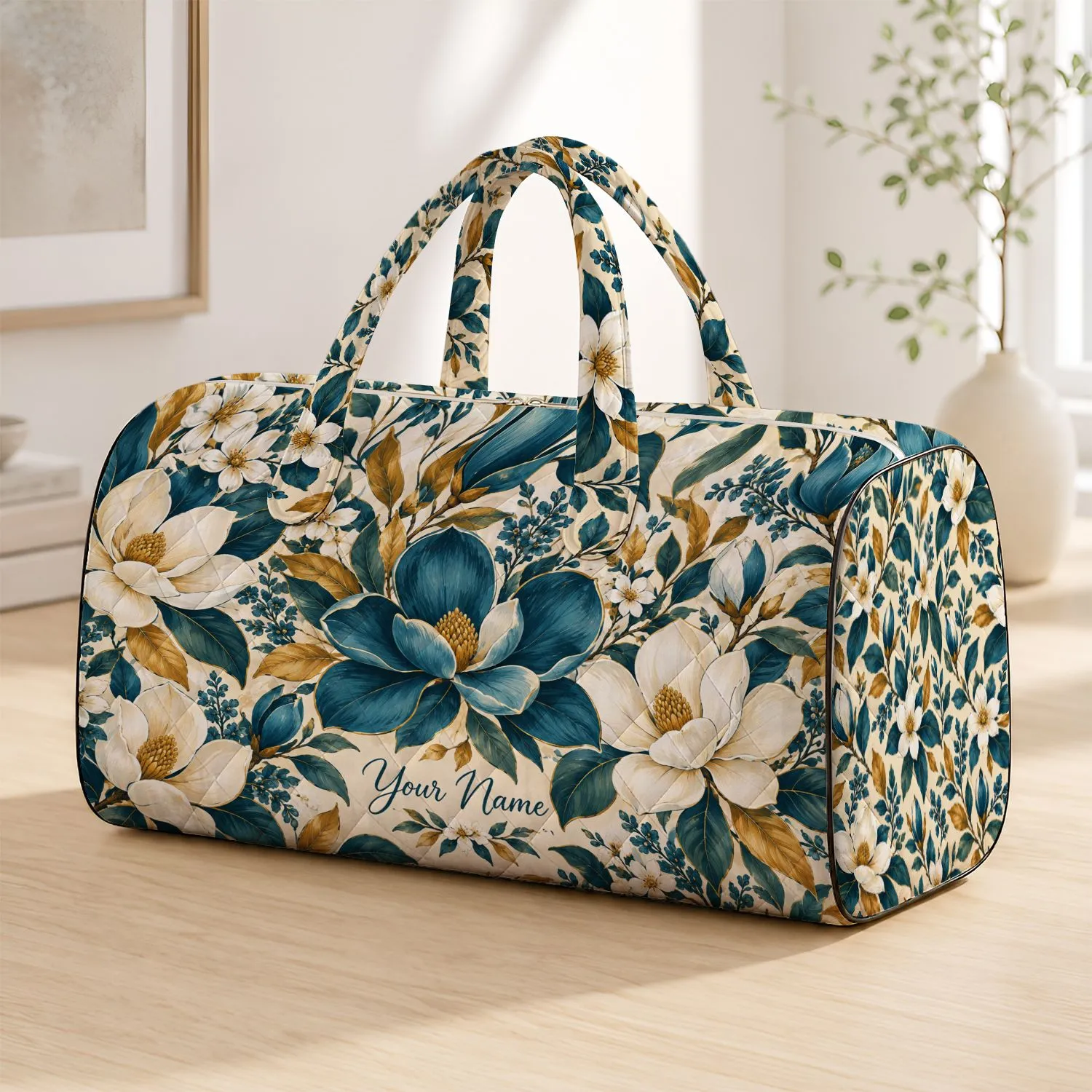 Blue And Gold Botanical Florals For Coastal Getaways And Sunny Vacation Escapes Quilted Weekend Bag - 1