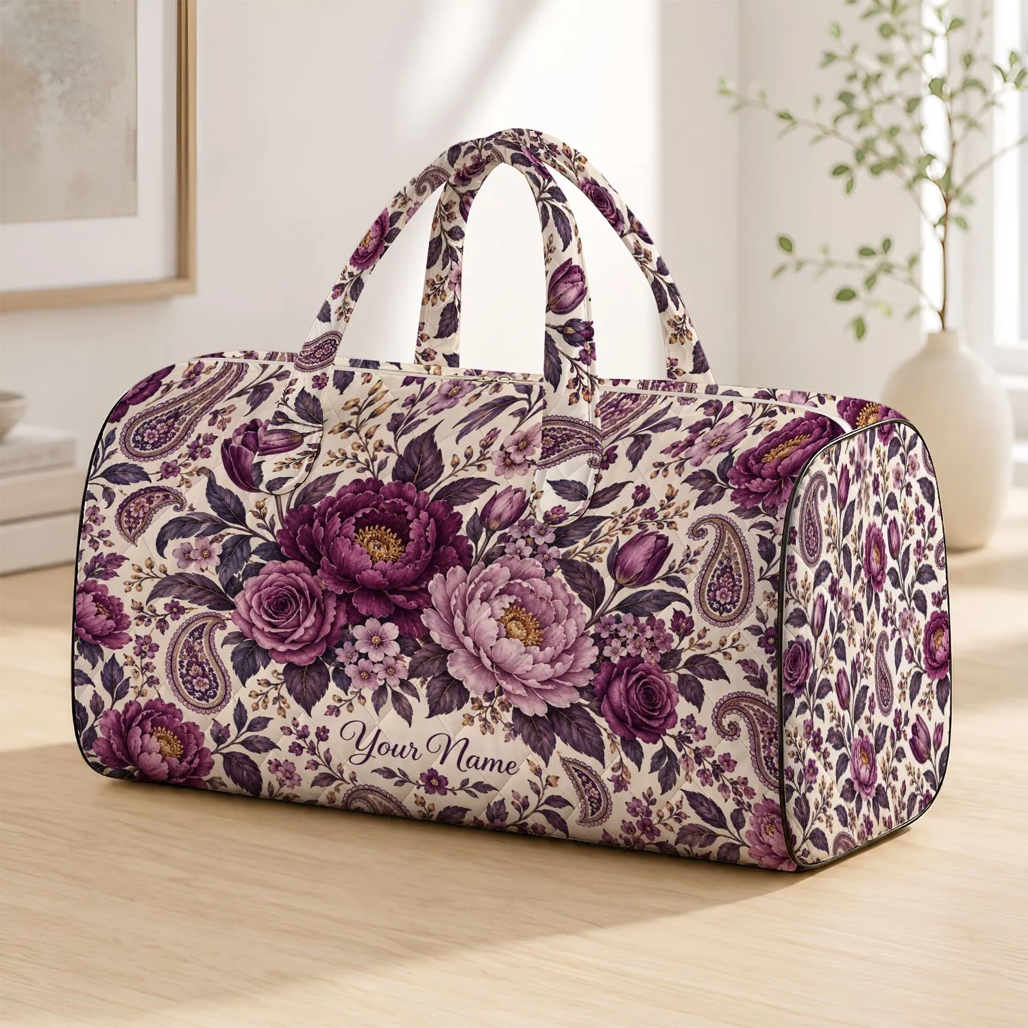 Purple Peony and Paisley Florals for Weekend Getaways, Yoga Days and Travel Lovers Quilted Weekend Bag - 1