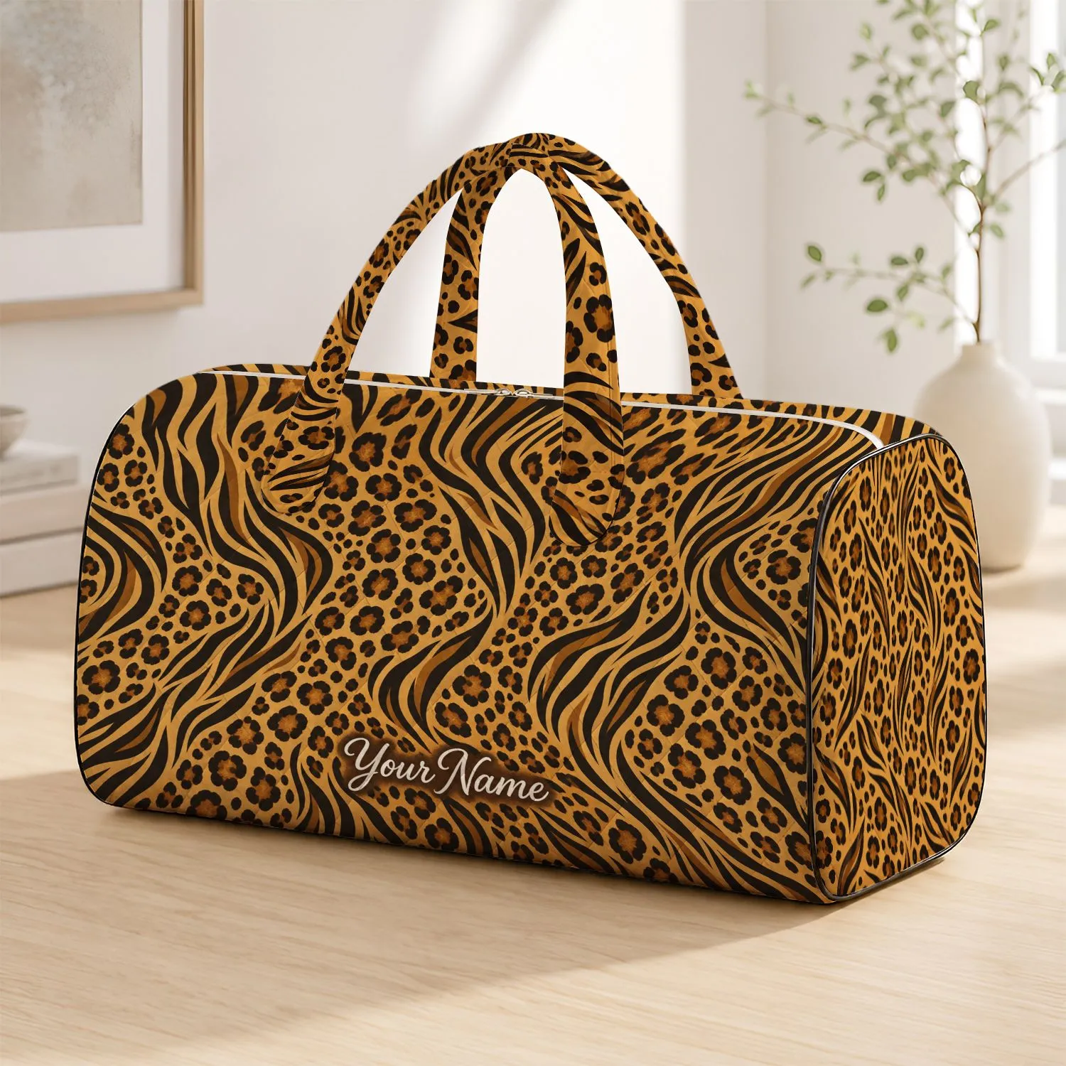 Golden Leopard Spots and Zebra Stripes for Chic Autumn Travel and Getaways Quilted Weekend Bag - 1