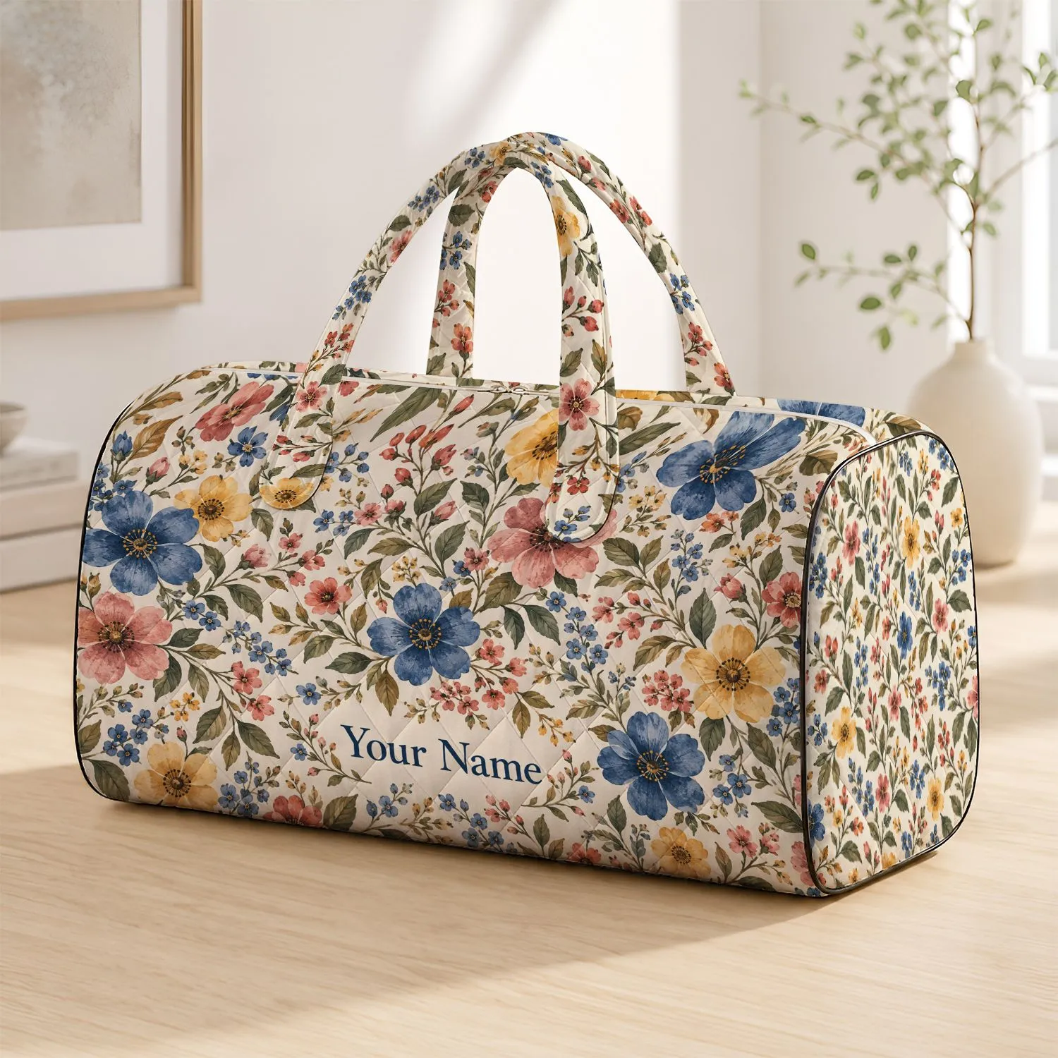 Blue Wildflowers And Vintage Roses For Weekend Getaways, Gym Days, And Beach Escapes Quilted Weekend Bag - 1