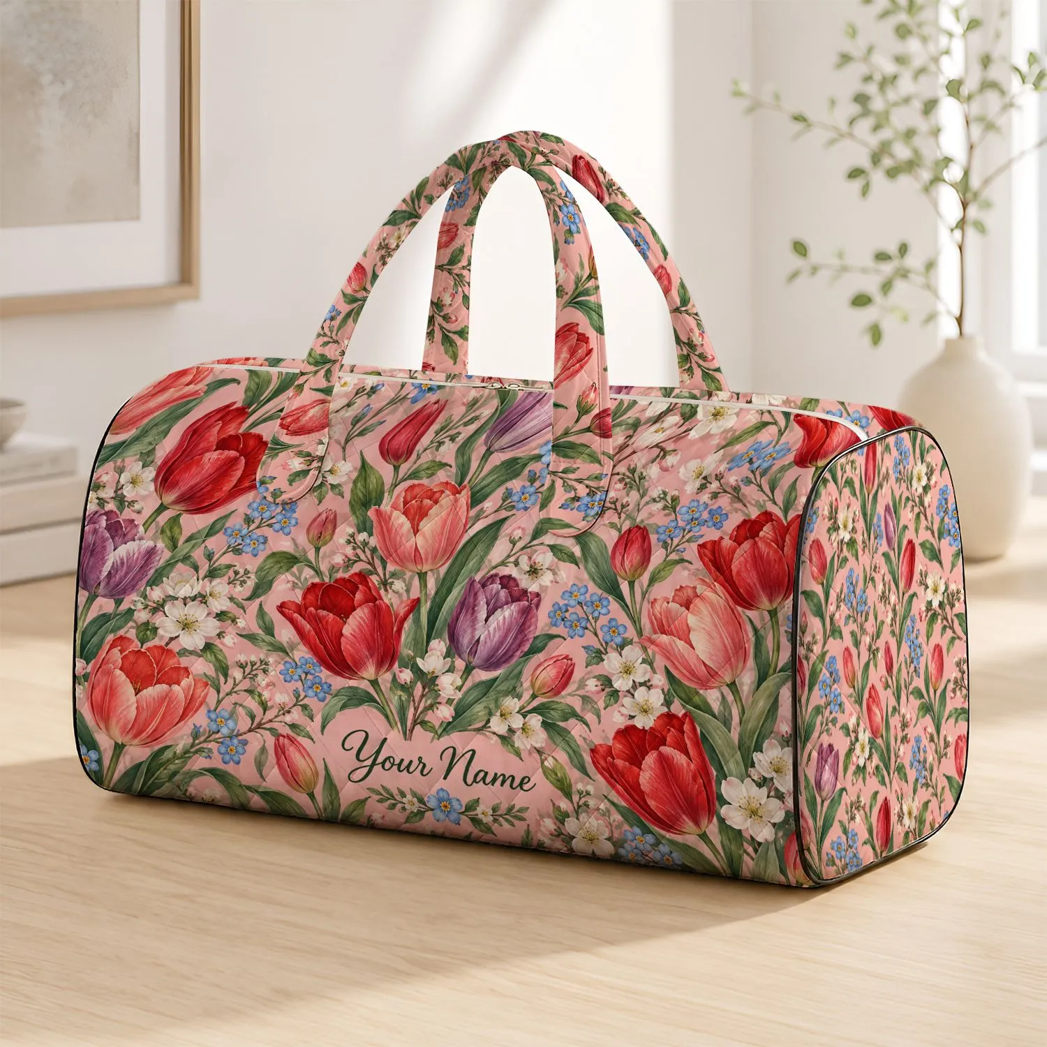 Red Tulip And Forget-Me-Not Florals For Spring Getaways And Garden Weekends Quilted Weekend Bag - 1