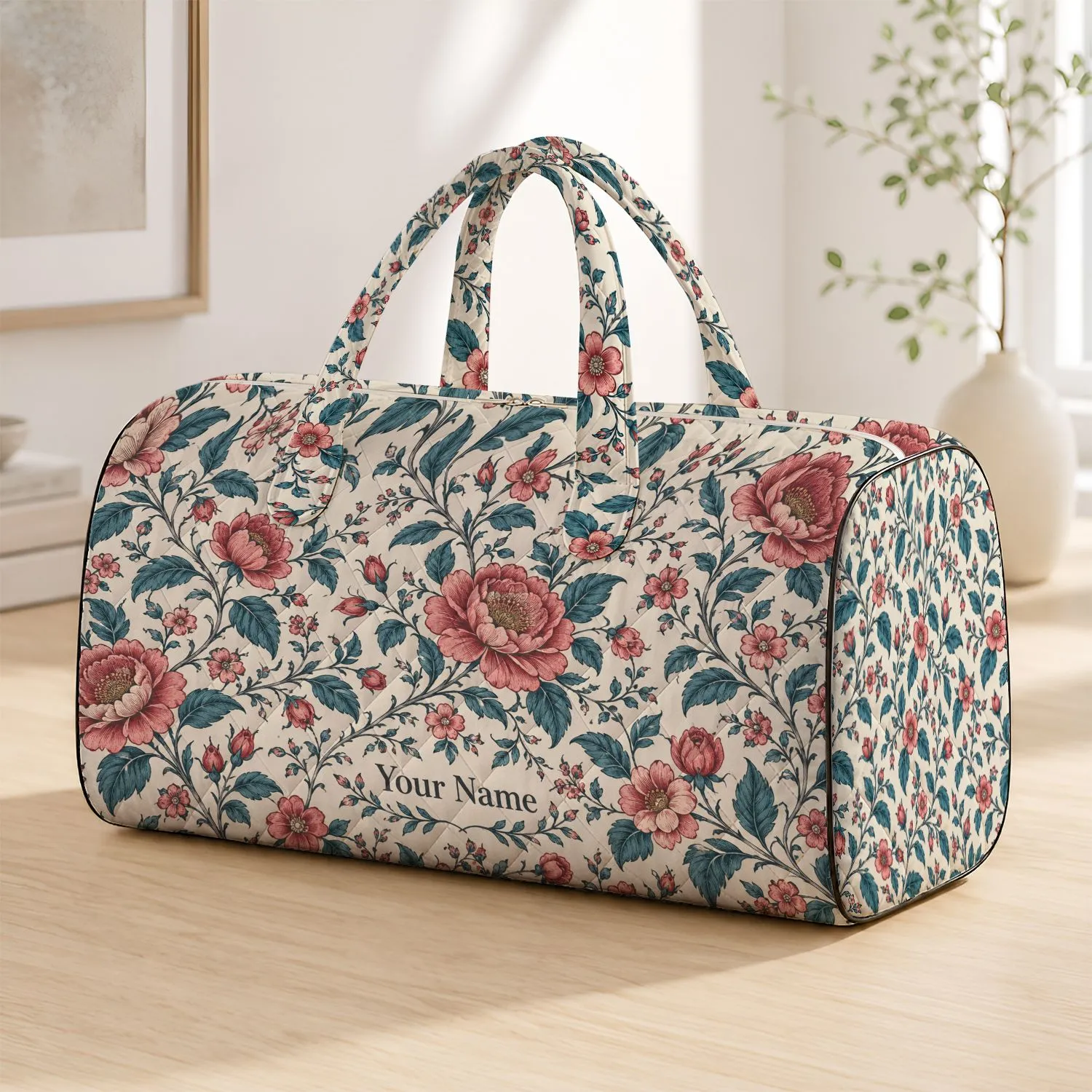Vintage Pink and Blue Floral Vines for Coastal Getaways and Relaxed Garden Escapes Quilted Weekend Bag - 1