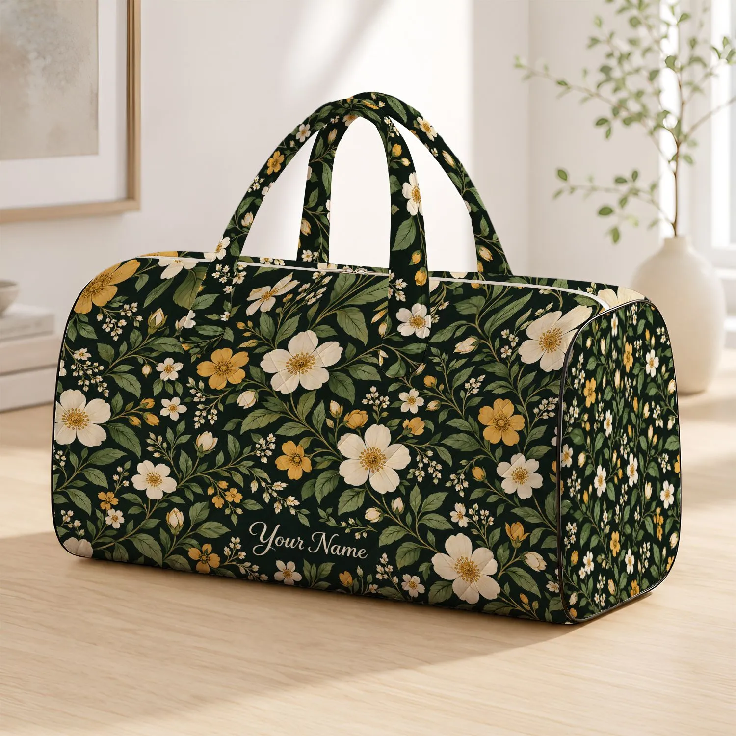 Botanical Floral Garden Motif for Yoga, Gym, Beach and Weekend Travel, Women and Men Quilted Weekend Bag - 1