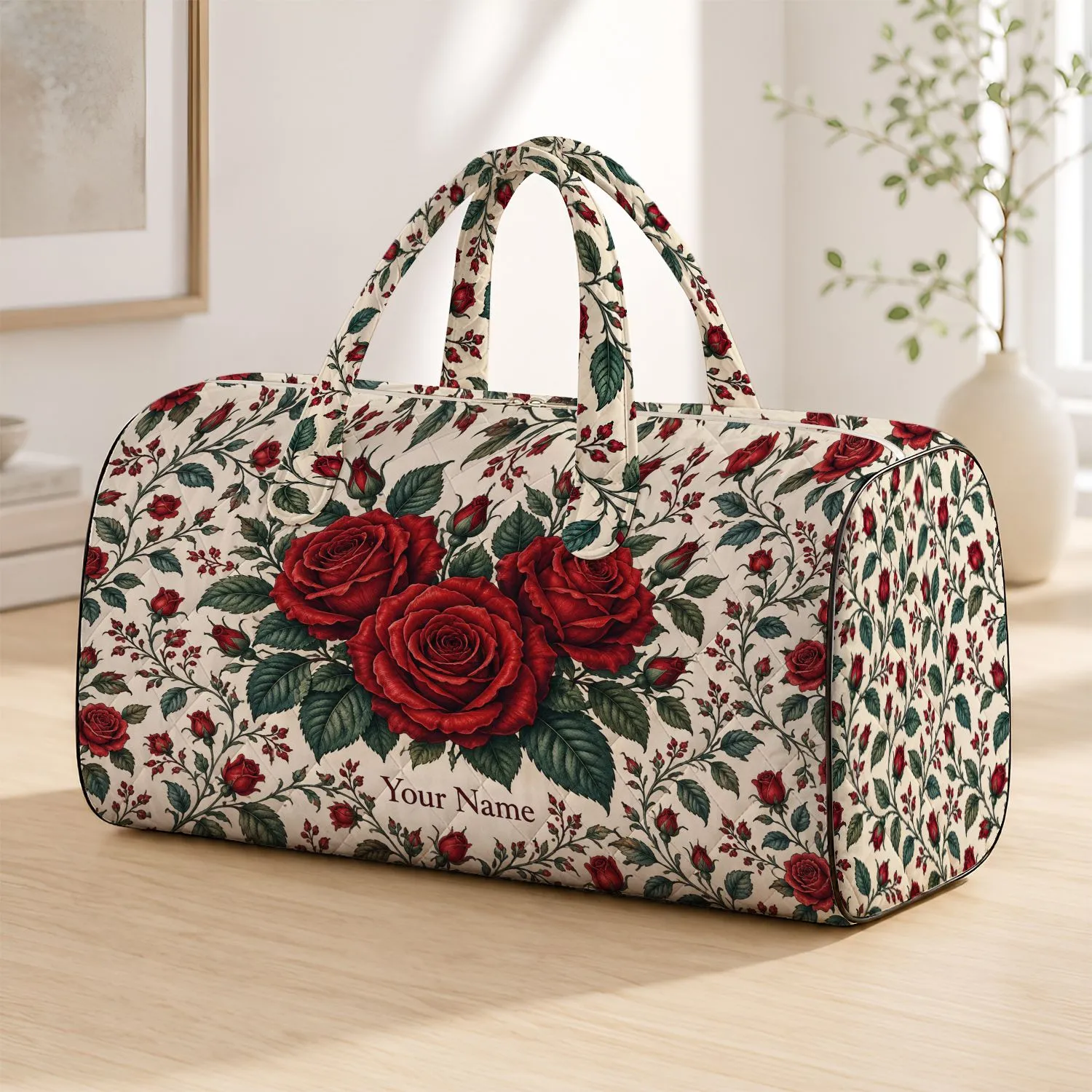 Crimson Rose Bouquet and Botanical Vines for Elegant Weekend Getaways and Holiday Travel Quilted Weekend Bag - 1