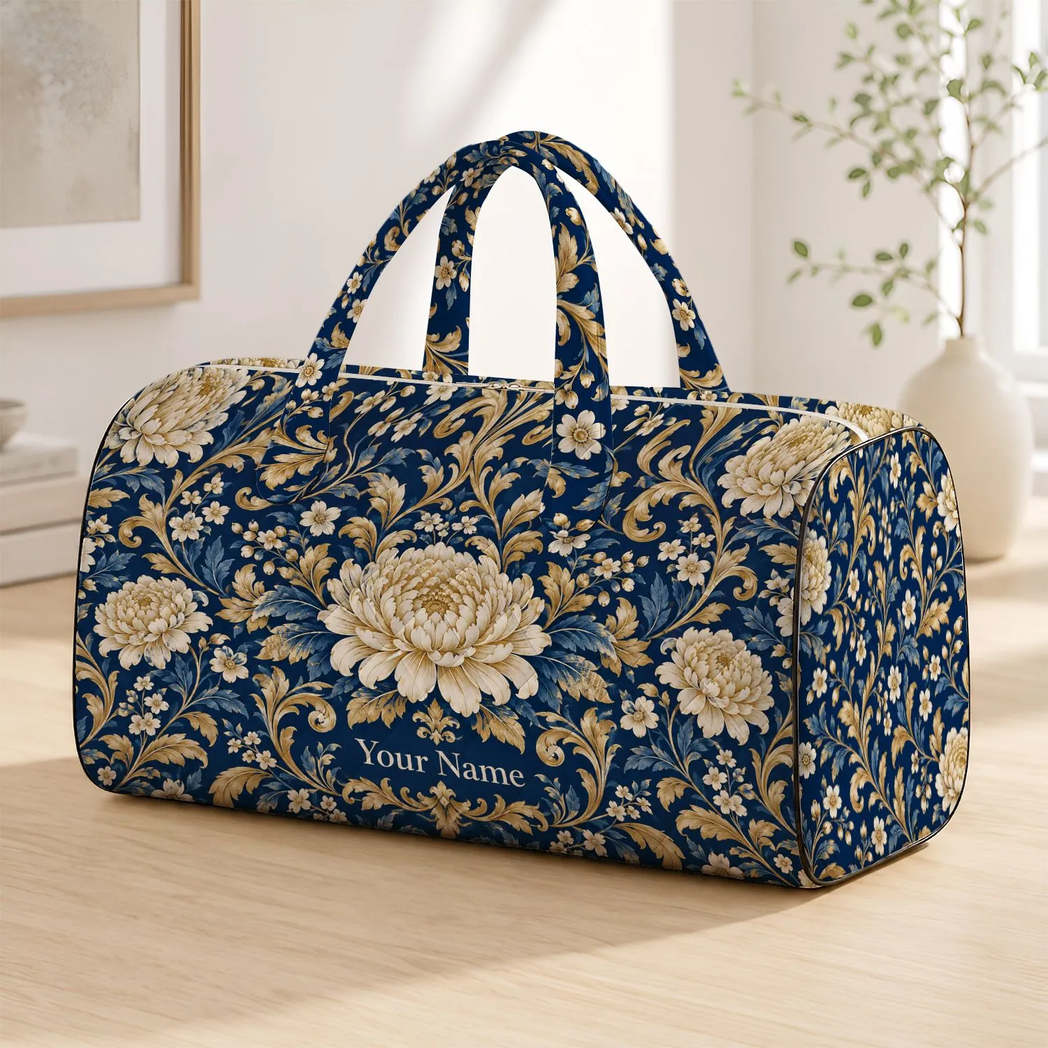 Navy Blue Baroque Floral Motifs for Beach Getaways and Elegant Weekend Escapes All Season Quilted Weekend Bag - 1