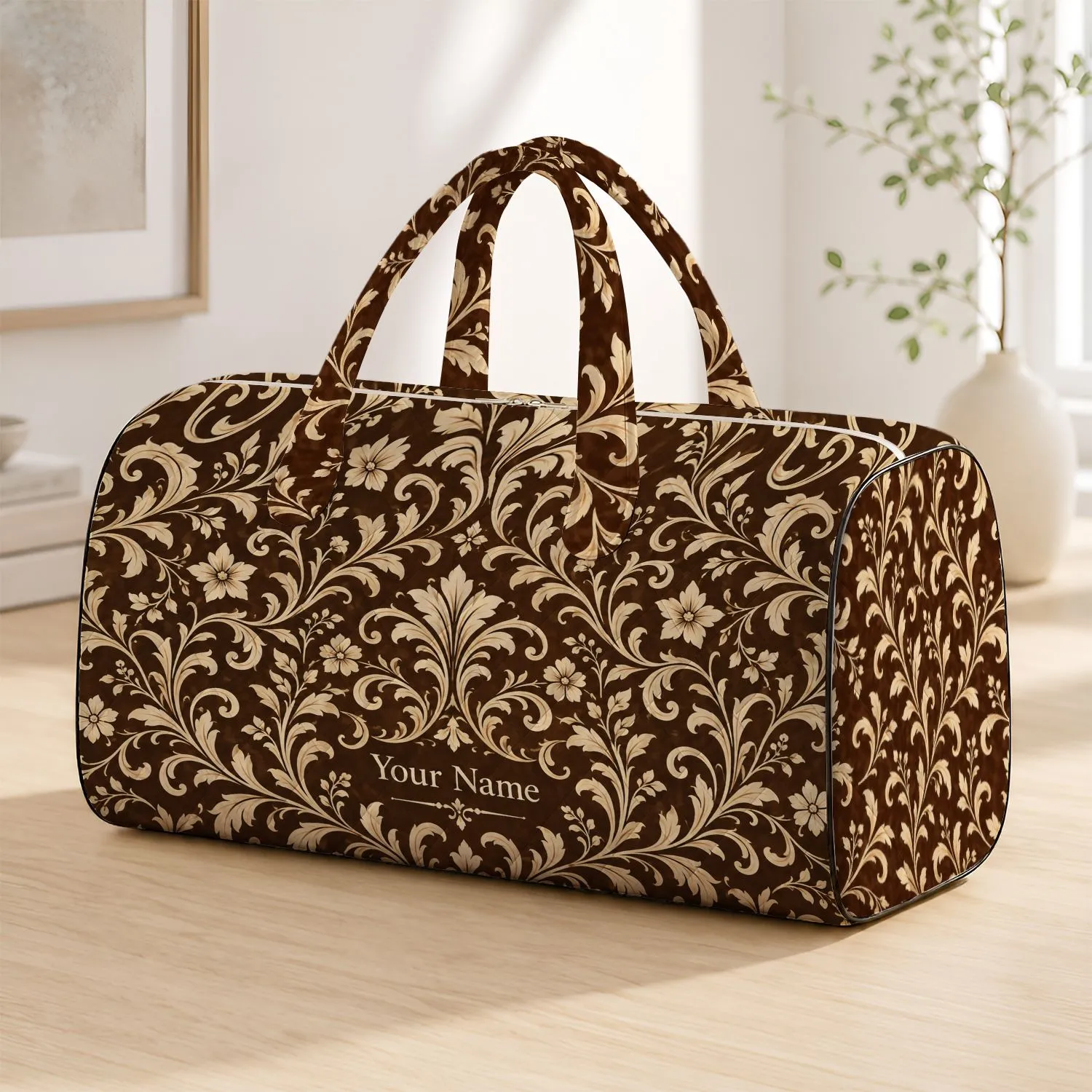 Ivory Baroque Scrollwork for Elegant Travel and Weekend Getaways for Women and Men Quilted Weekend Bag - 1