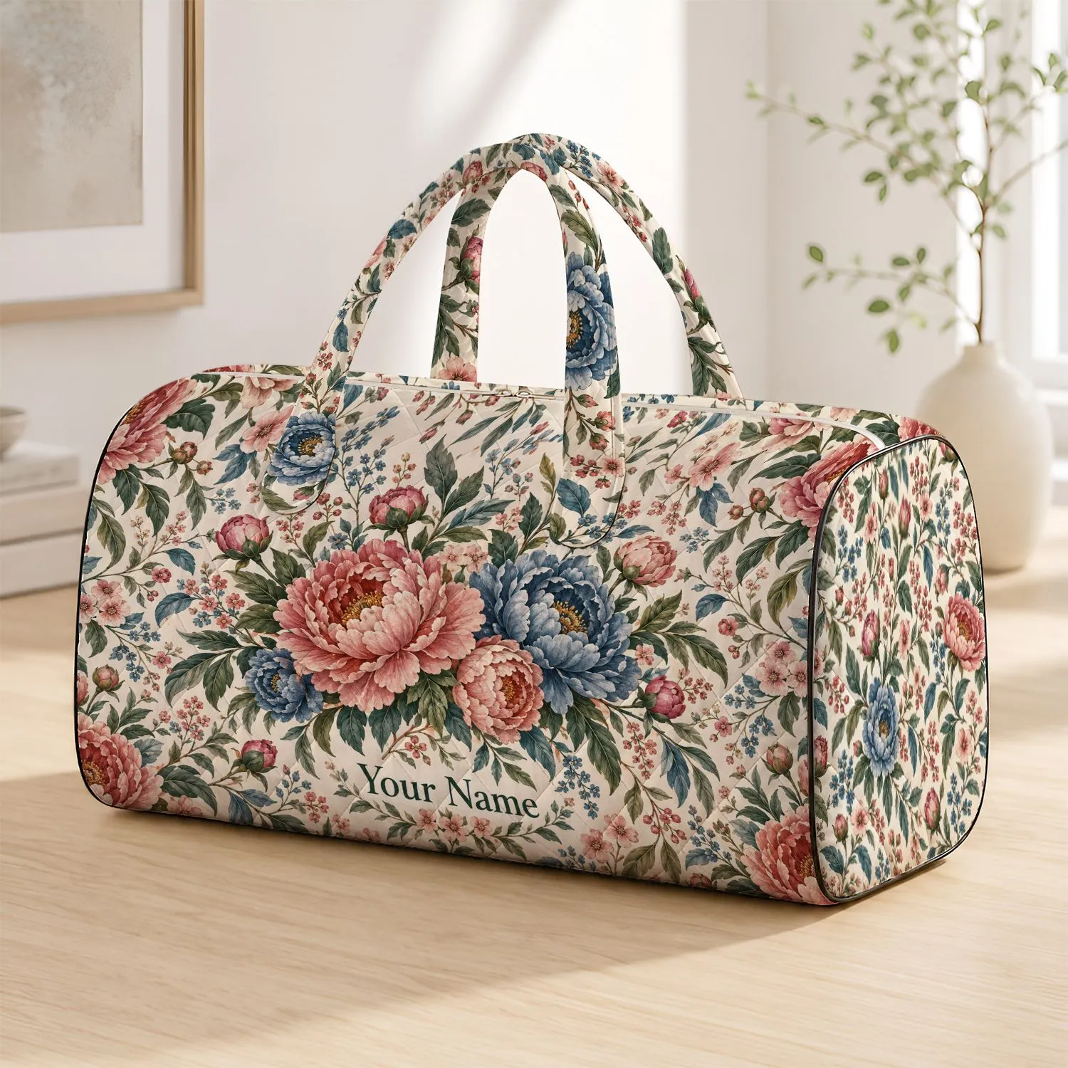 Vintage Peony and Blue Blossom Garden for Elegant Getaways and Everyday Travel Style Quilted Weekend Bag - 1