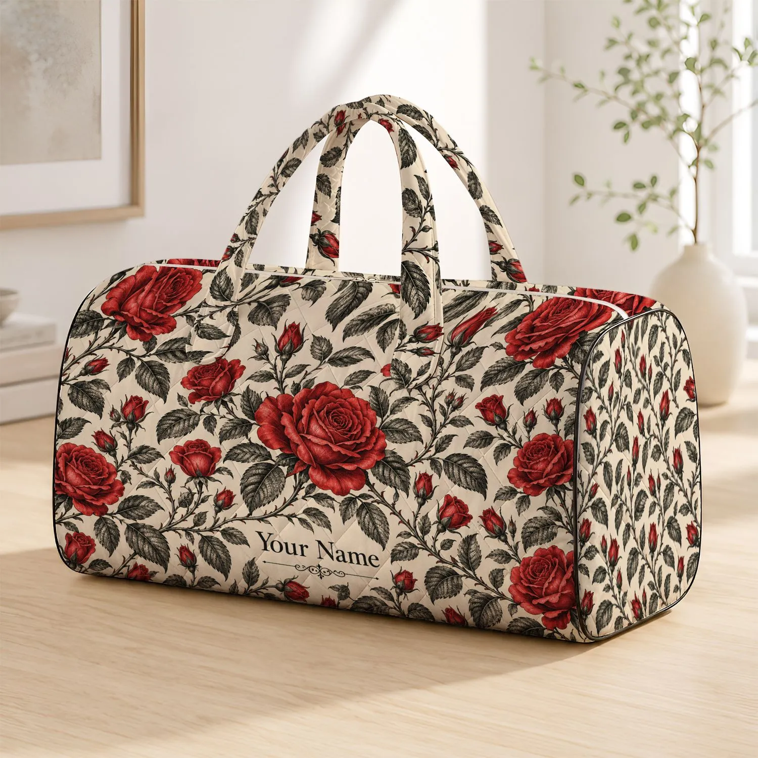Ivory Rose Vine Botanical for Beach Holidays and Weekend Getaways for All Travelers Quilted Weekend Bag - 1