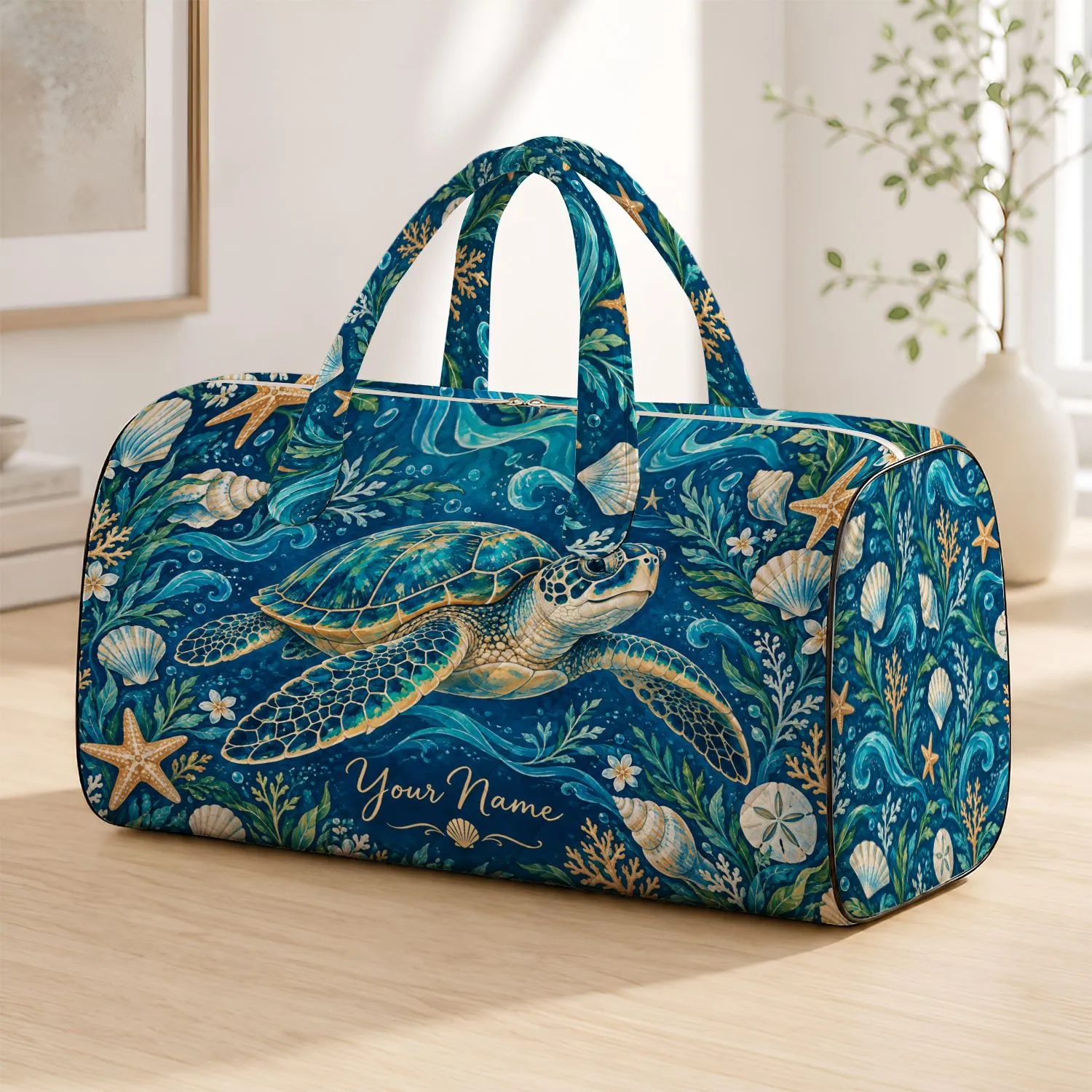 Sea Turtle and Coastal Shells for Sunny Beach Escapes and Relaxed Resort Travel Style Quilted Weekend Bag - 1