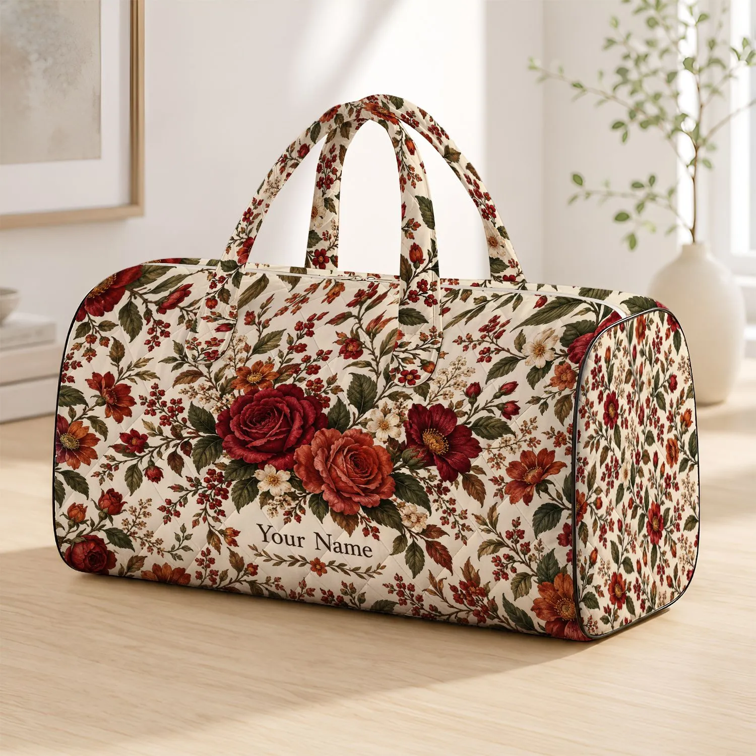 Rustic Red Wildflower Blooms for Beach Camping, Yoga Days, and Weekend Getaways Quilted Weekend Bag - 1